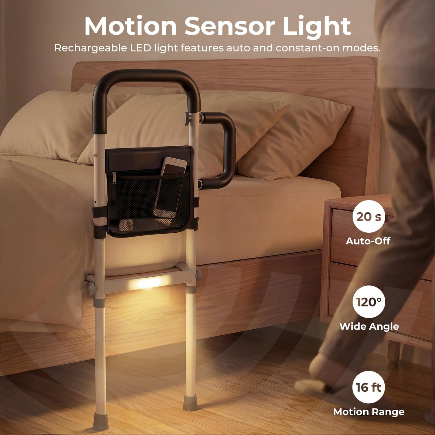 Bed Rails for Elderly Adults Safety, ASTM Certified Bed Rail for Seniors with Motion Sensor Light, Non-Slip Handle & Storage Bag, Height Adjustable Bed Assist Bar with 400LBS Support, Dark Black