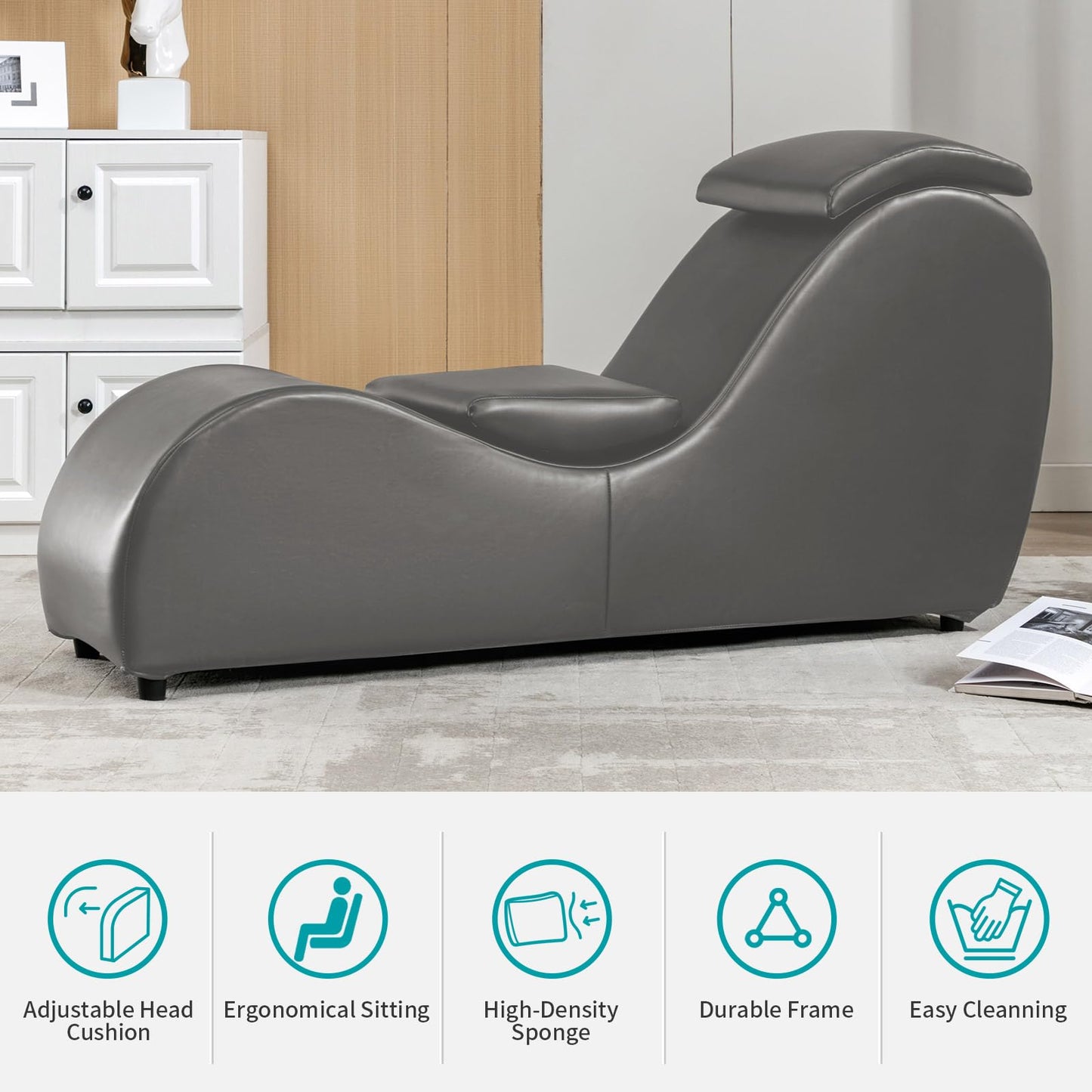 BALUS 60" Chaise Lounge Chair for Yoga Stretching, S-Shape Chair for Adults Exercising Relaxing, Faux Leather & Wooden Indoor Lounge for Living Room, Apartment, Office, Dark Grey