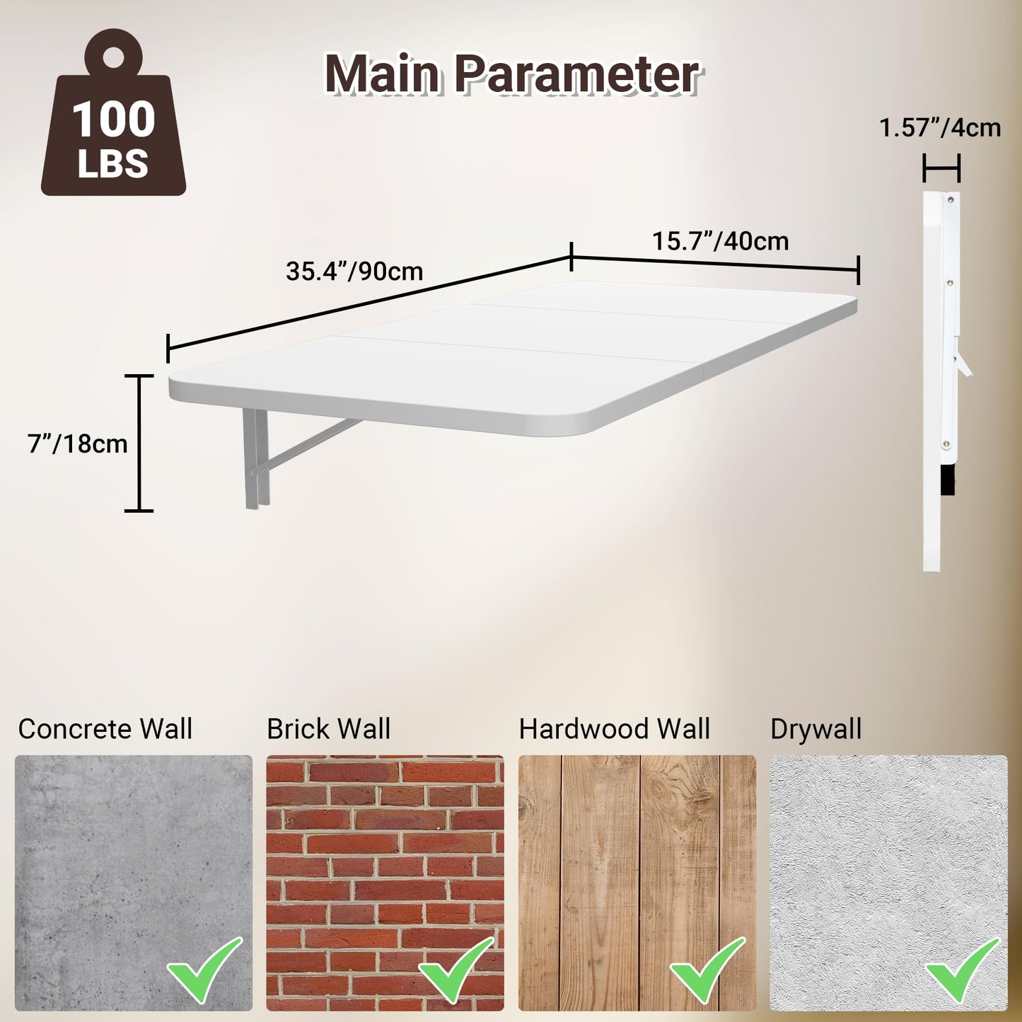 Neoaider Wall Mounted Folding Desk 35.4” x 15.7”, Drop Down Table with Metal Collapsible Brackets, Folding Wall Table for Small Spaces, Home, Office, Kitchen, Laundry Room-White