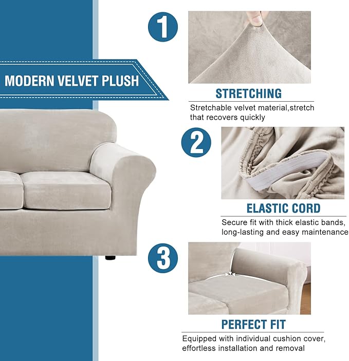 H.VERSAILTEX Real Velvet Plush 3 Piece Stretch Sofa Covers Couch Covers