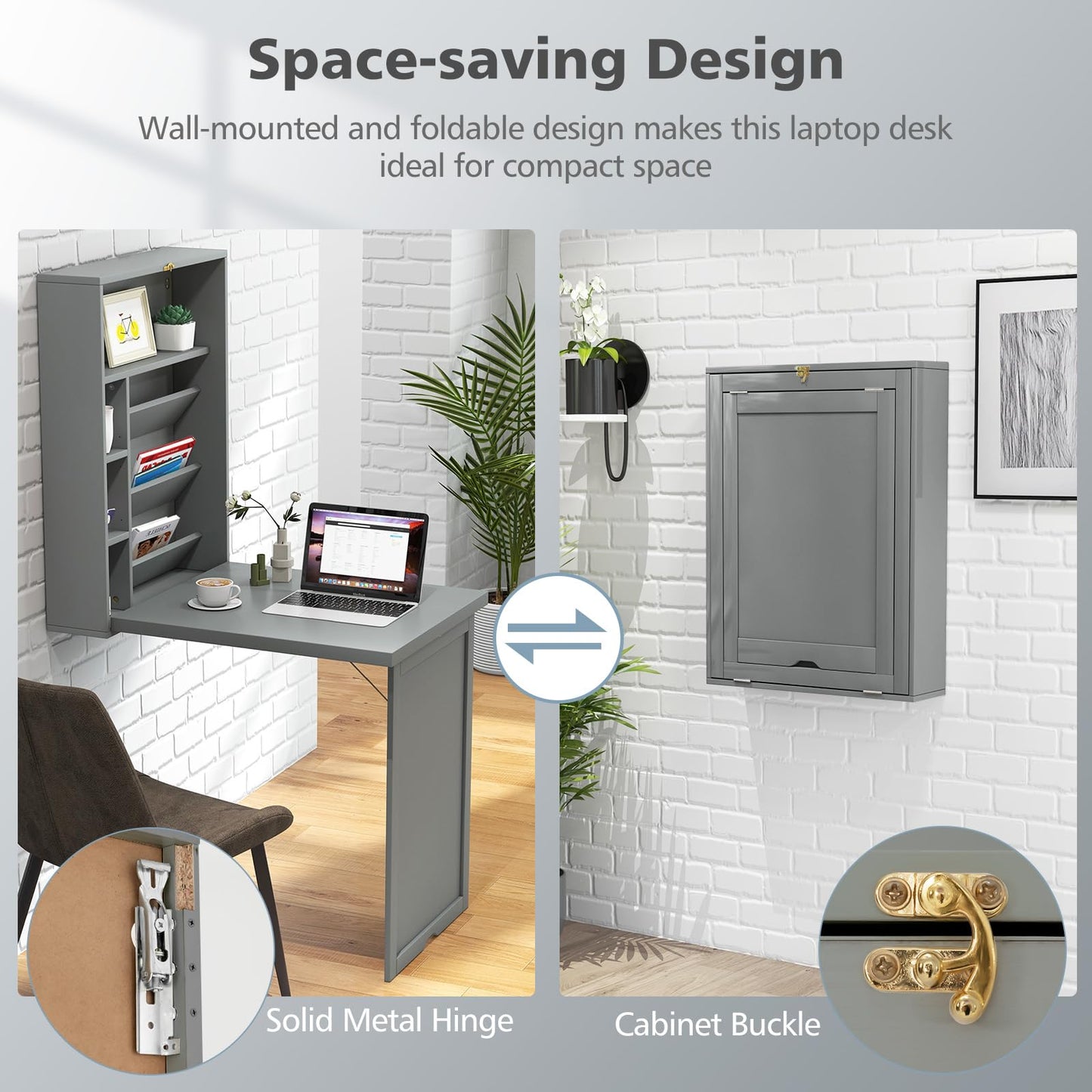 GOFLAME Wall Mounted Folding Desk with 3-Tier Tilt Storage Partition and Adjustable Shelves, Space-Saving Convertible Writing Desk for Home Office, Gray