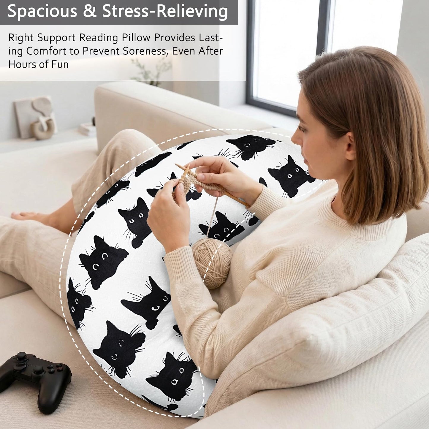 Crafting Pillow for Crocheting, Crochet Pillow for Lap Support, 12 Fun Print Styles, Ergonomic Arm Support, For Bed, Floor, Chair Comfort, Pain Relief and Fatigue for Gaming and Woking (Cat)