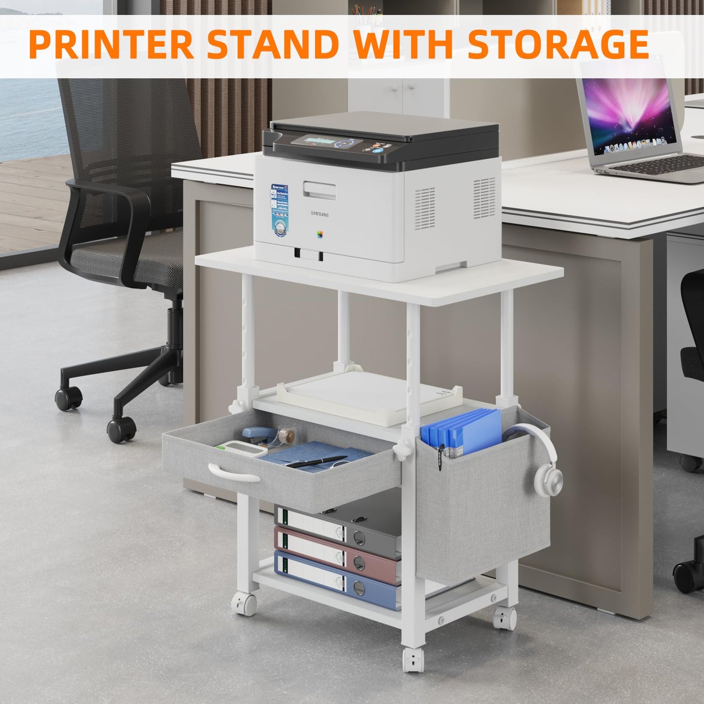 YAOHUOO 22"x15" Large Printer Stand with Drawer, 3-Tier Rolling Table Cart
