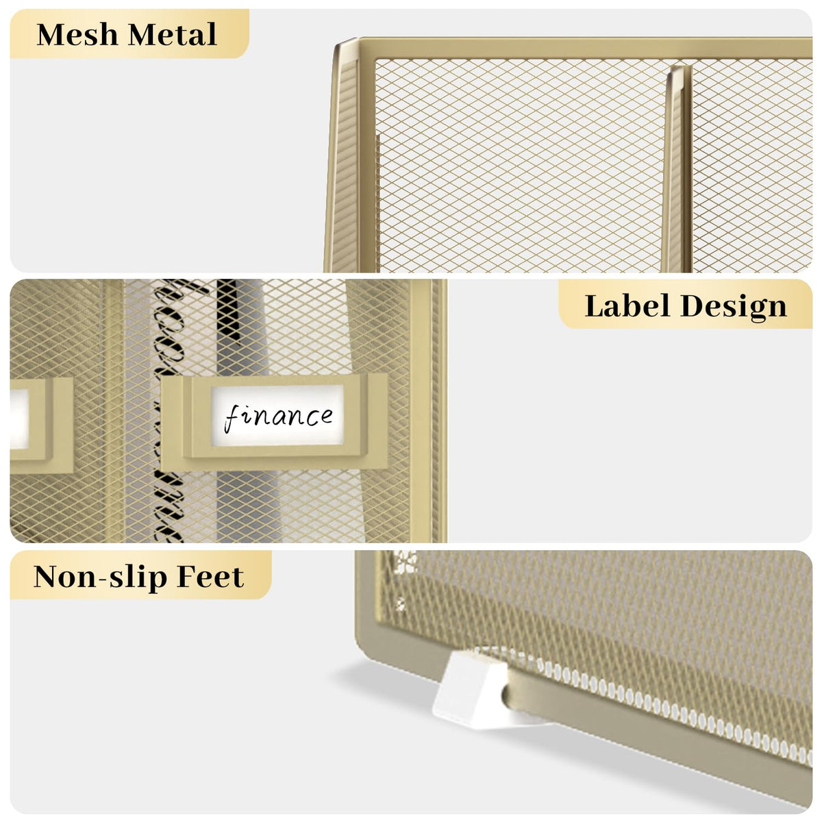 SUPEASY Desk Organizers Metal Desk Magazine File Holder with 5 Vertical Compartments Rack File Organizer for Office Desktop, Classroom, Home Workspace, Golden Yellow
