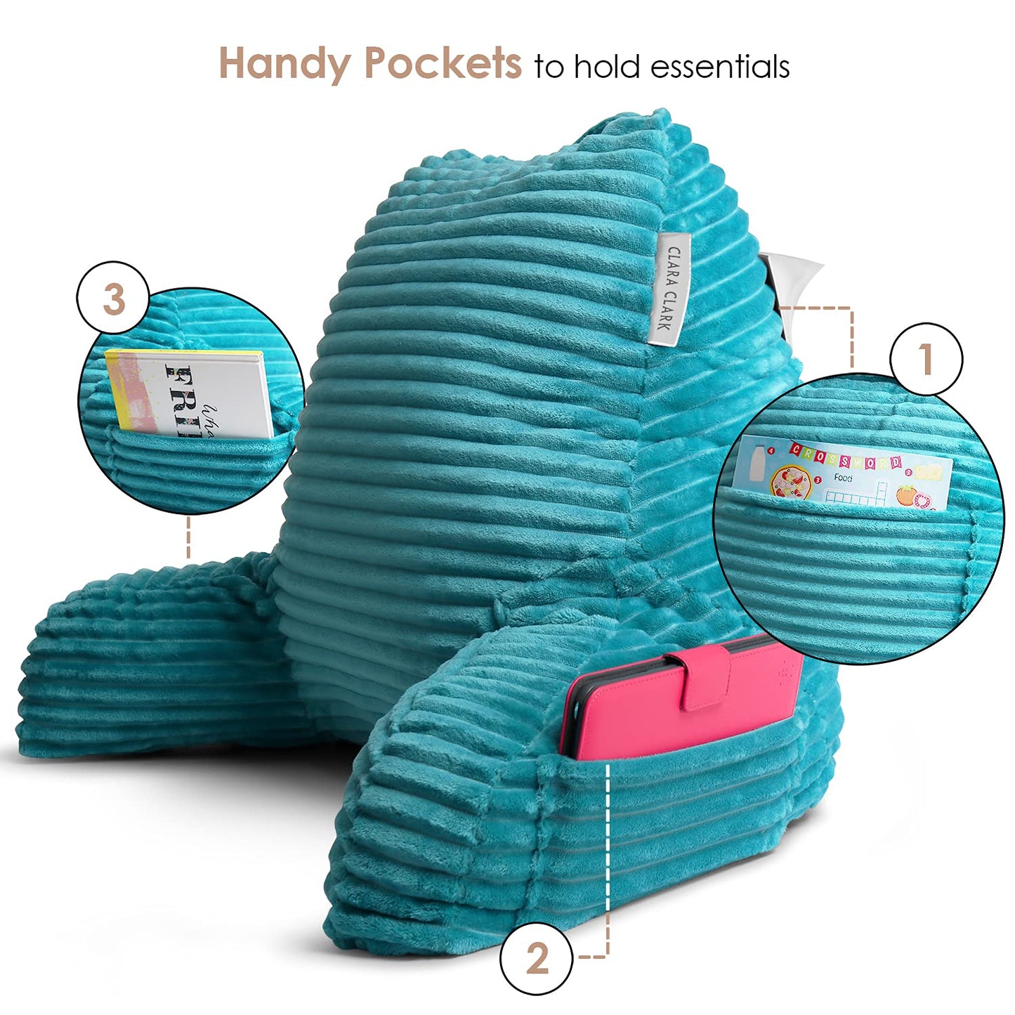 Clara Clark Reading Pillow for Bed Adult – Back Pillow for Sitting in Bed, Standard Plush Bed Pillows for Sitting Up in Bed, Shredded Foam Bed Chair Pillow with Arms and Pockets, Teal Bed Rest Pillow