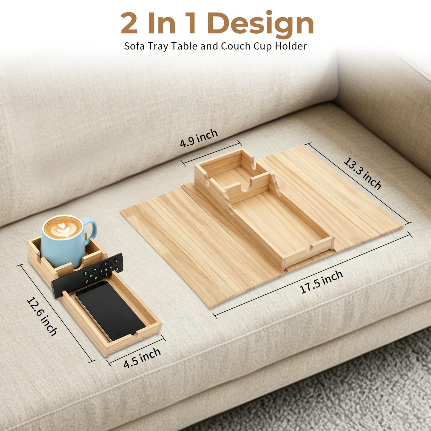 Bamboo Wood Sofa Armrest Tray, Couch Arm Tray with Detachable Couch Cup Holder, 2 in 1 Anti-Slip Foldable Sofa Armchair Caddy Table for Tea TV Remote Cellphone Snacks