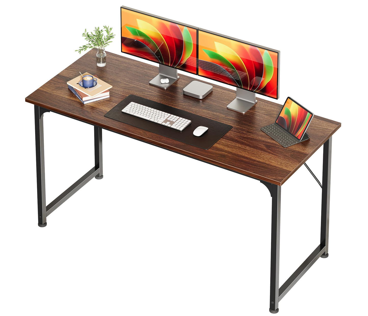 Huuger Computer Desk, 54 Inch Office Desk, Gaming Desk with Storage, Writing Desk Work Desk for Home Office, Study, Modern Simple Desk, Large Legroom, Metal Frame, Walnut