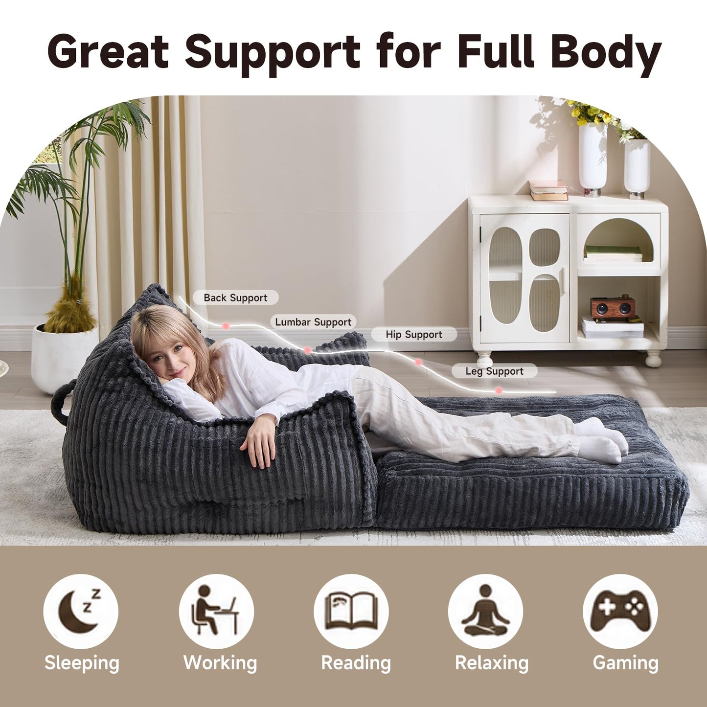 Manyday Convertible Sofa Bed, 2 in 1 Folding Sleeper Sofa to Lounger Comfy Single Bean Bag Chair for Adults, Floor Couch with Handle, Corduroy Couch Bed for Living Room Bedroom, Gray