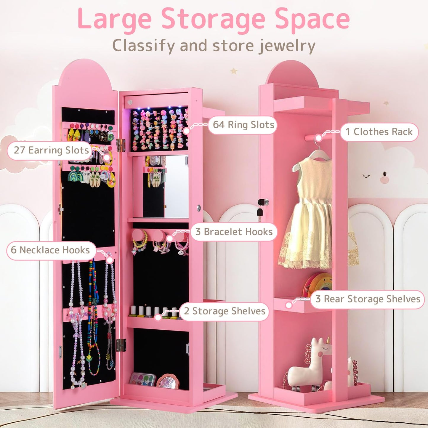 INFANS Kids Jewelry Armoire Cabinet with LED Lights, Lockable Standing Organizer with Full-length Mirror, Unicorn Theme Children Vanity Dress Up Storage Rack for Girls