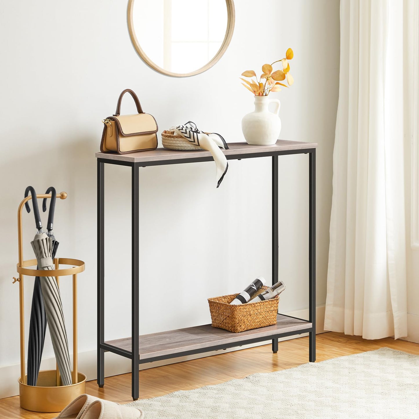 HOOBRO 29.5" L Narrow Console Table, Sofa Table Behind Couch with 2-Tier Storage Display Shelves, 8.7" D Small Entryway Table for Hallway, Foyer, Living Room, Bedroom, Greige and Black BG22XG01