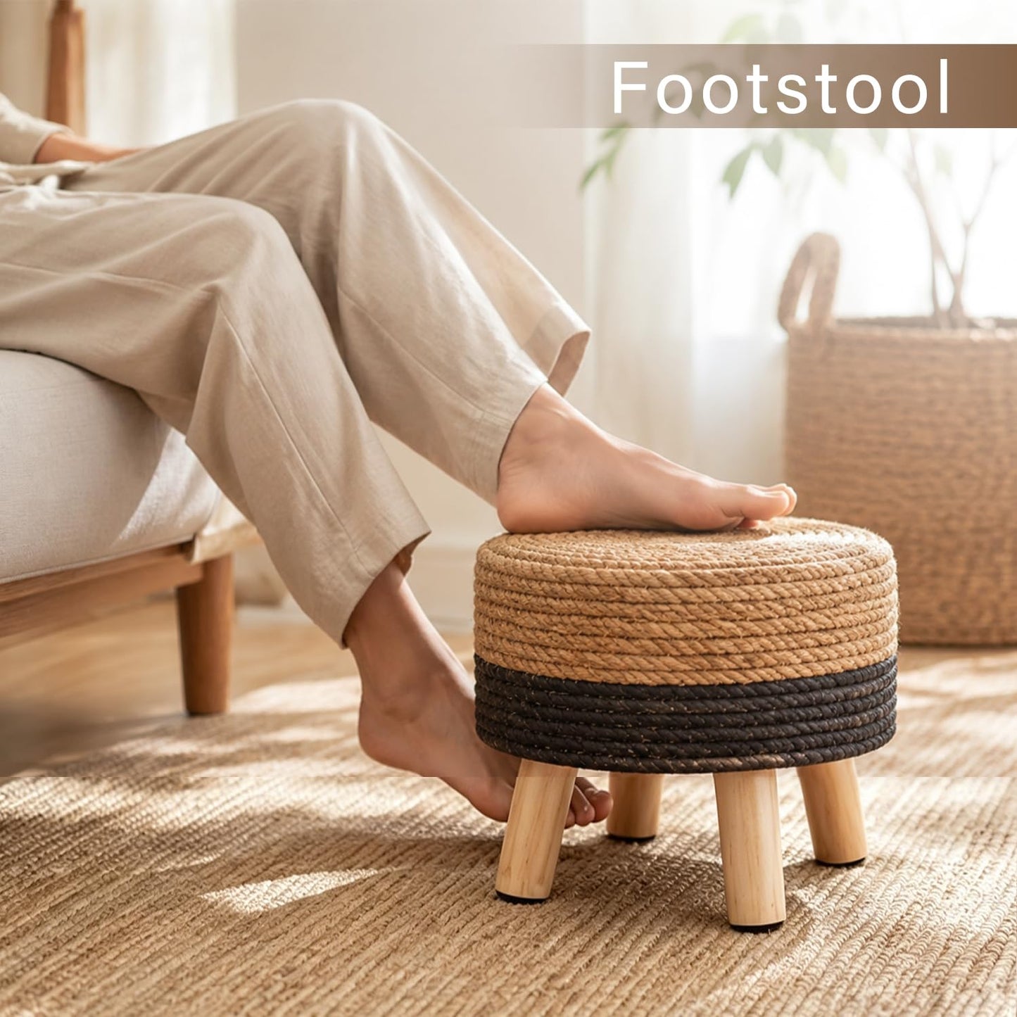 Wimarsbon Round Foot Stool Natural Seagrass Poufs Ottoman Hand Weave Footrest Stool for Couch Desk Extra Seat Step Stool with Solid Wood Legs for Hallway Patio Lounge Black