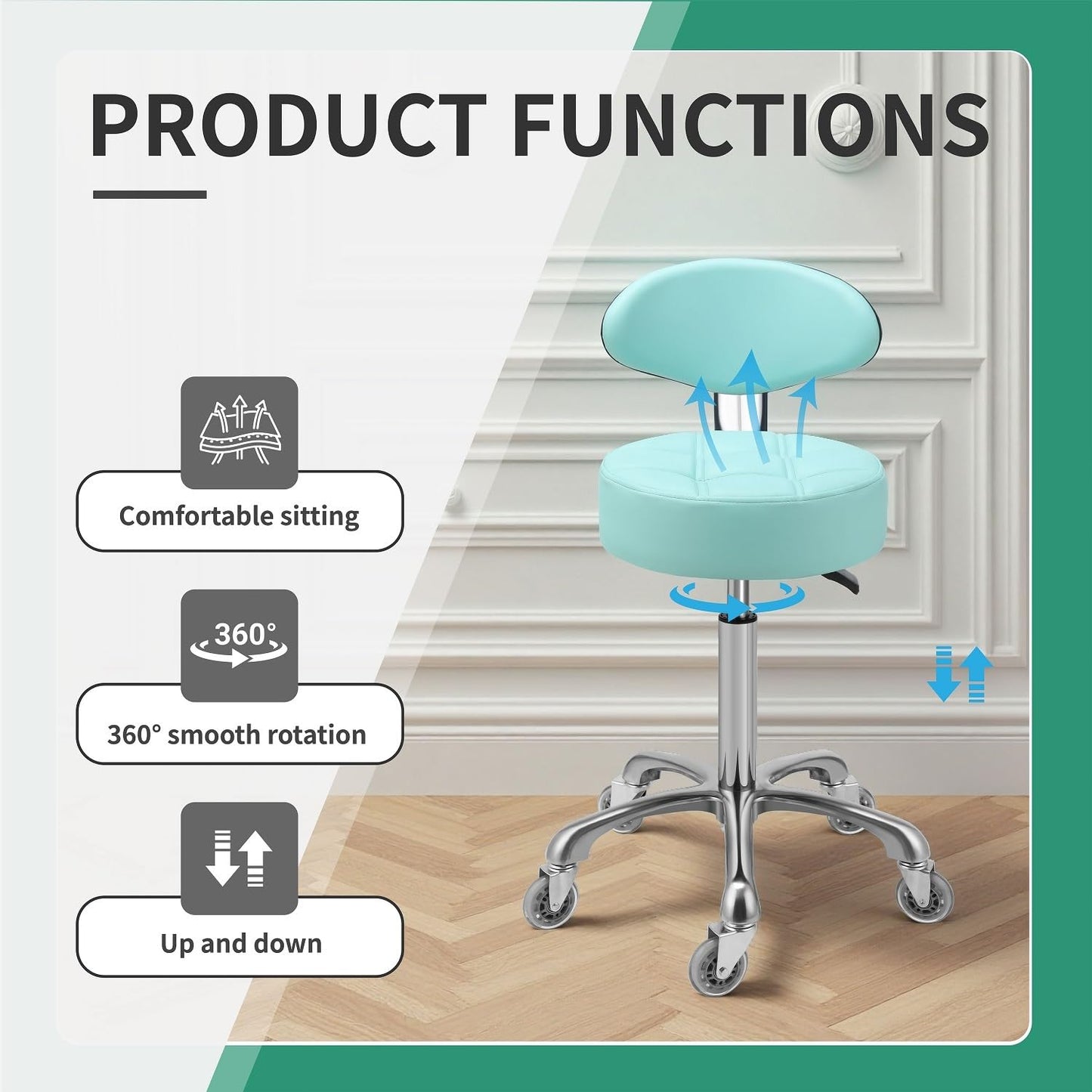 Kaleurrier Rolling Stool with Back Support: Adjustable Height 22-30 inches for Nail Lash Tech Stylist - Heavy Duty Stool Chair with Wheels for Salon Shop Office Kitchen Garage Workshop