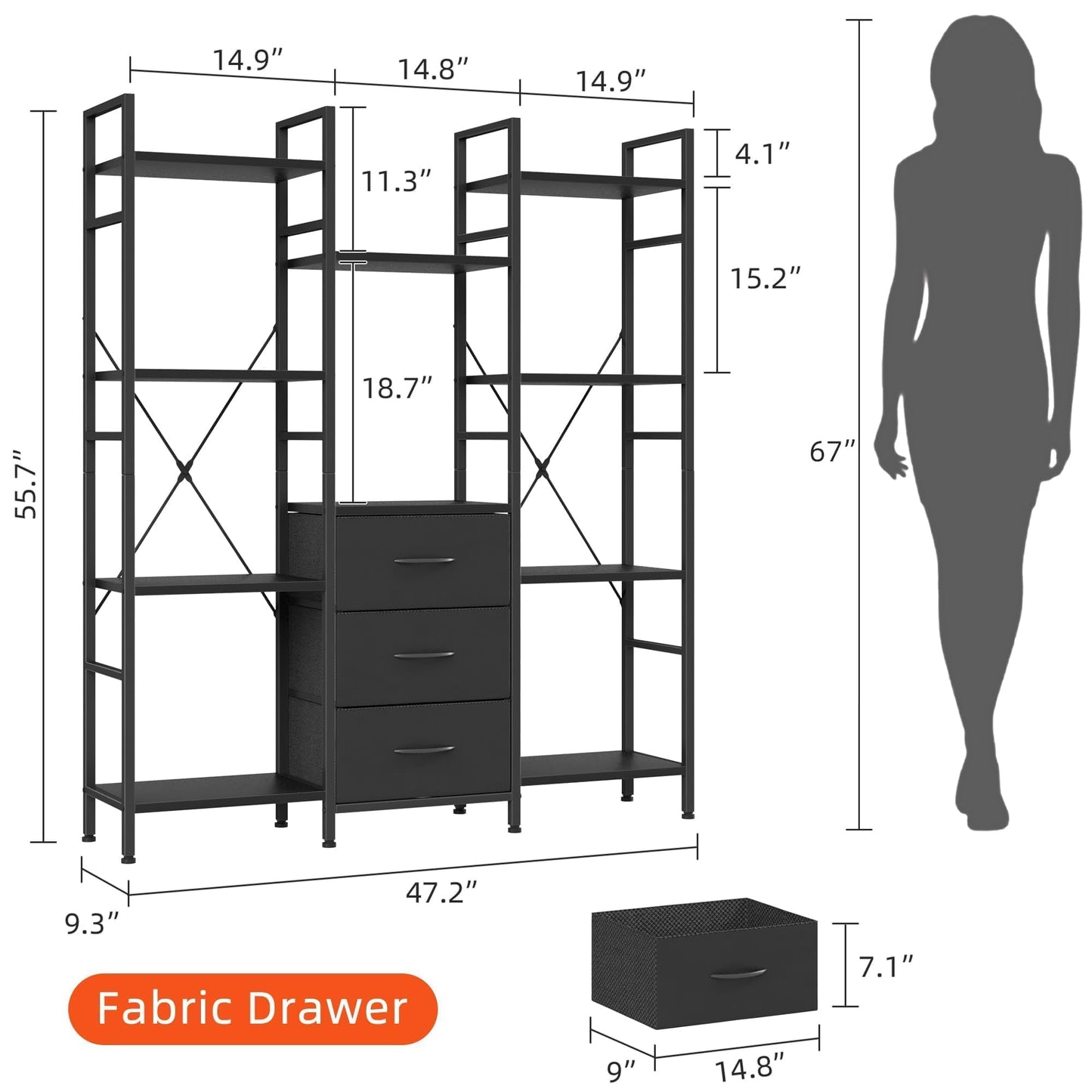 AFLUI Triple Bookshelf with 3 Fabric Drawers, 4-Tier Book Shelf and 10 Display Shelves, Industrial Large Bookcase for Home & Office, Black, 47'' Wide