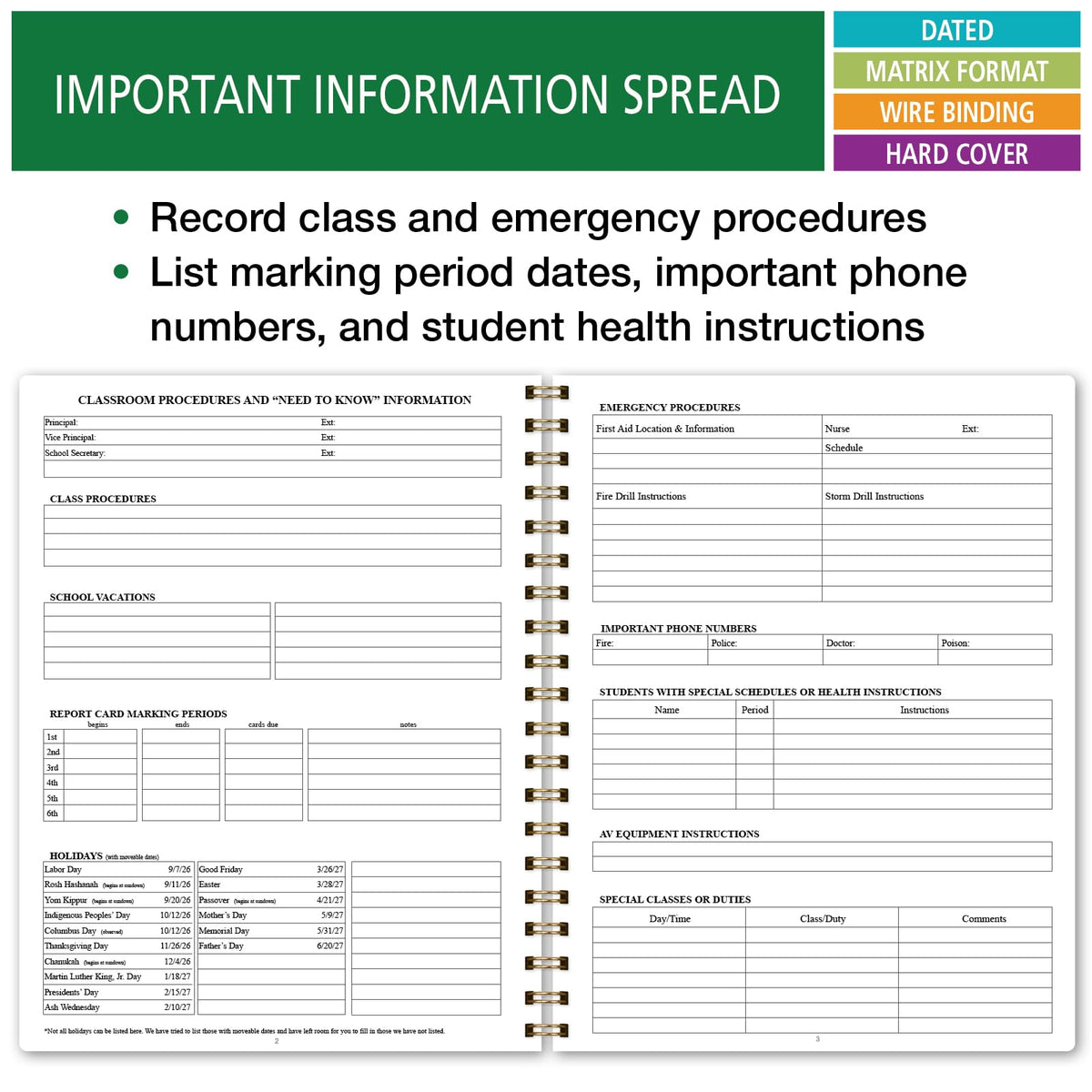 Elan Publishing Company HARDCOVER 7 Period Dated Teacher Lesson Plan; Days Horizontally Across The Top Dated for 2026-2027 Academic Year with Bonus Clip-in Bookmark (Black Tree Seasons)