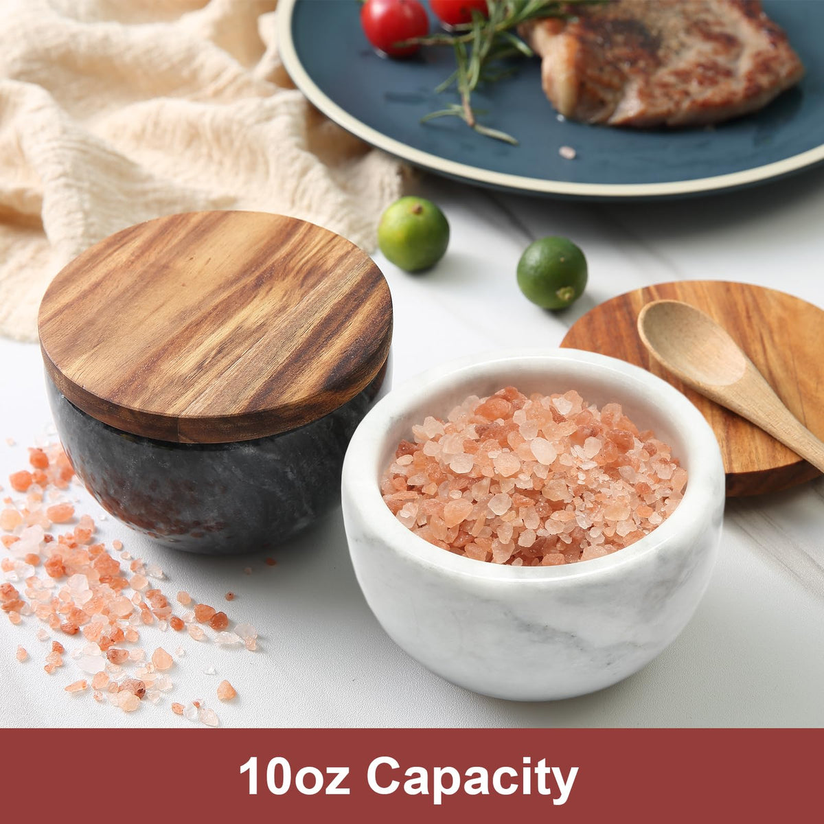 jalz jalz Marble Salt Cellar Pinch Pot - Heavy Non-Slip Salt Bowl with Acacia Wood Cover and Spoon - 10oz Capacity Spice Storage Natural Marble Salt Box with Sustainable Acacia Lid