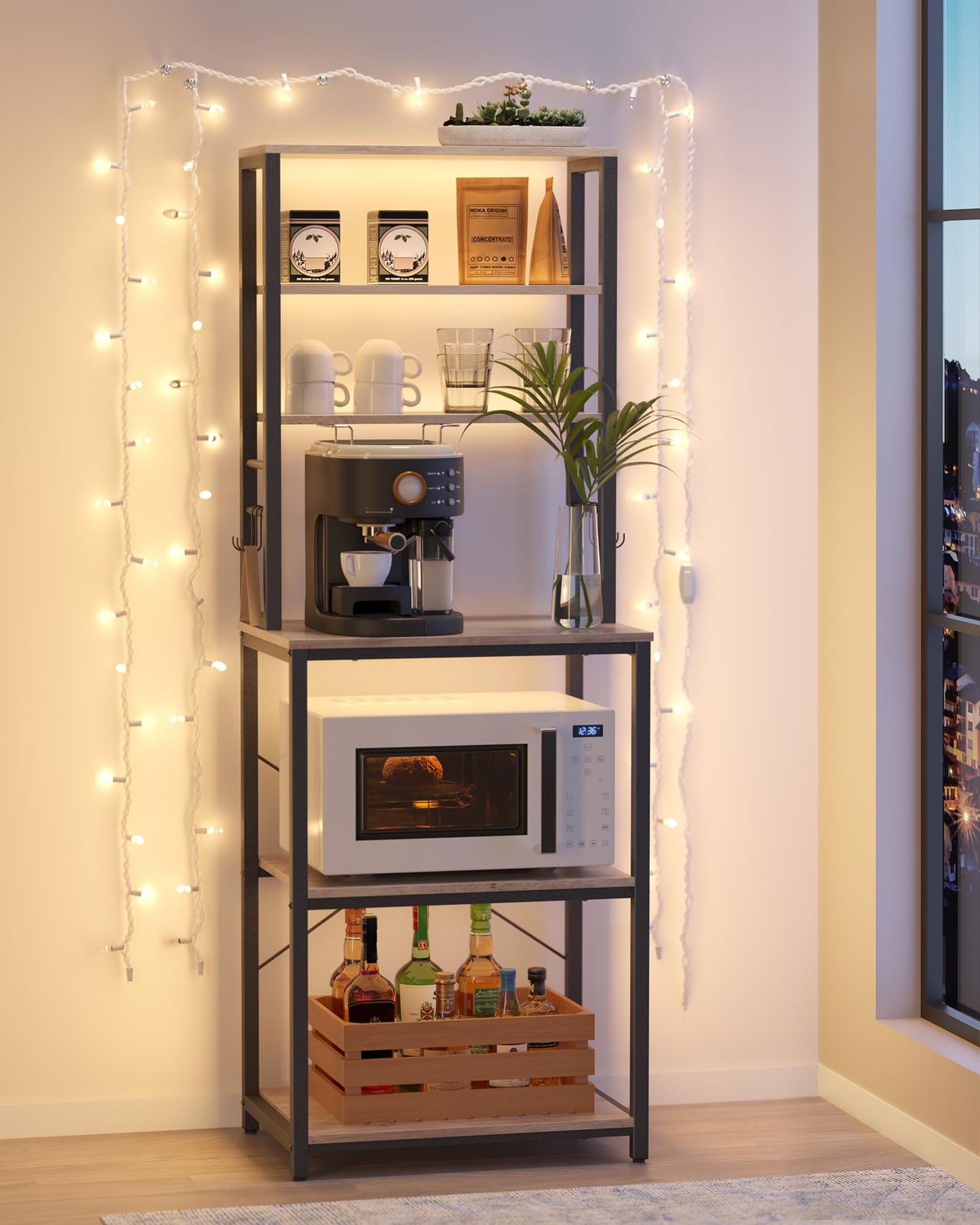 VASAGLE Coffee Bar, 23.6 Inches Baker's Rack for Kitchen with Storage, 6-Tier Kitchen Shelves with 6 Hooks, Microwave Stand, Industrial, Heather Greige and Ink Black UKKS024B02