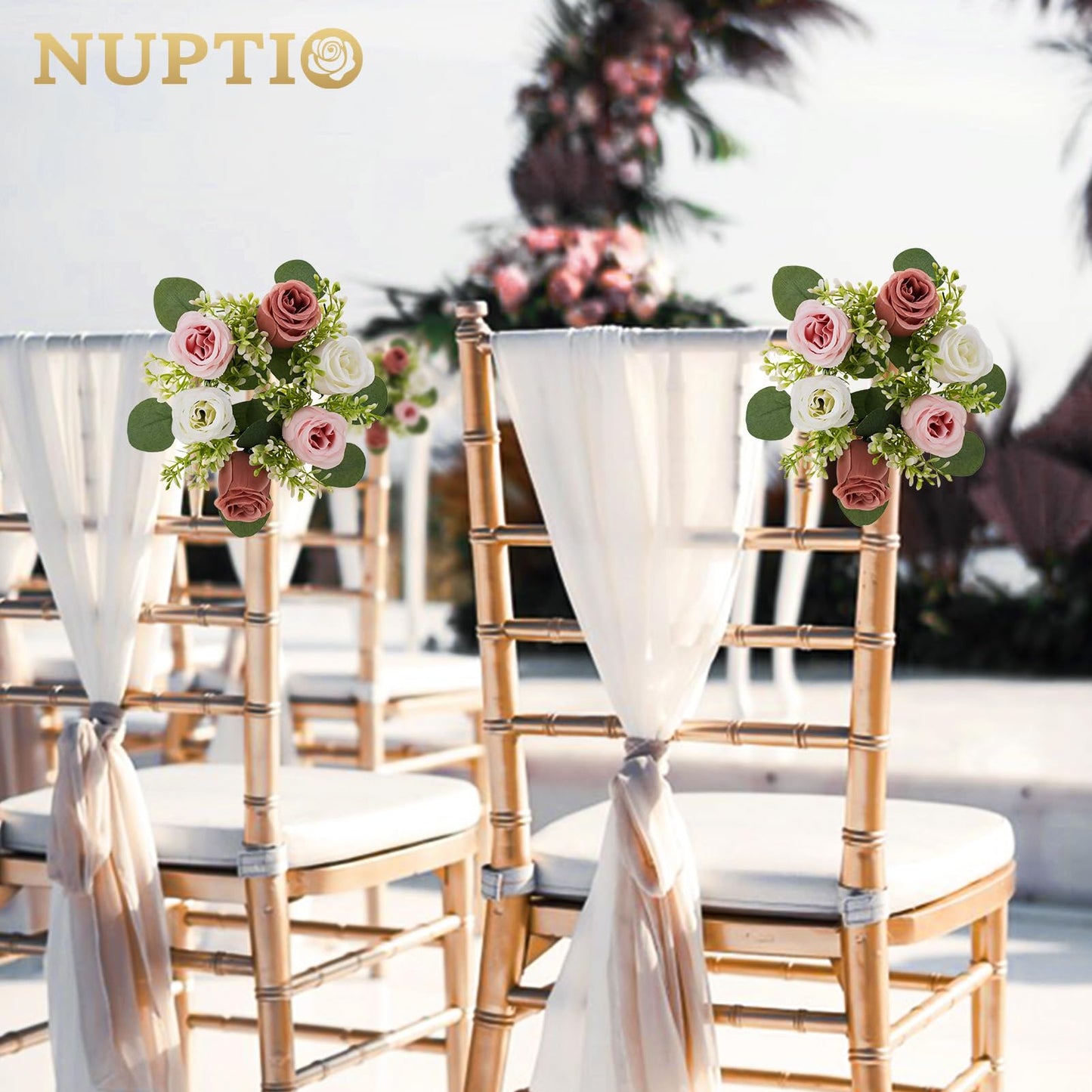 NUPTIO Small Flower Rings for Centerpieces: 9.05 Inch Dusty Rose & White Candle Rose Wreath for Wedding Party Christmas Decorations - Spring Summer Front Door Porch Decor 6 Pcs