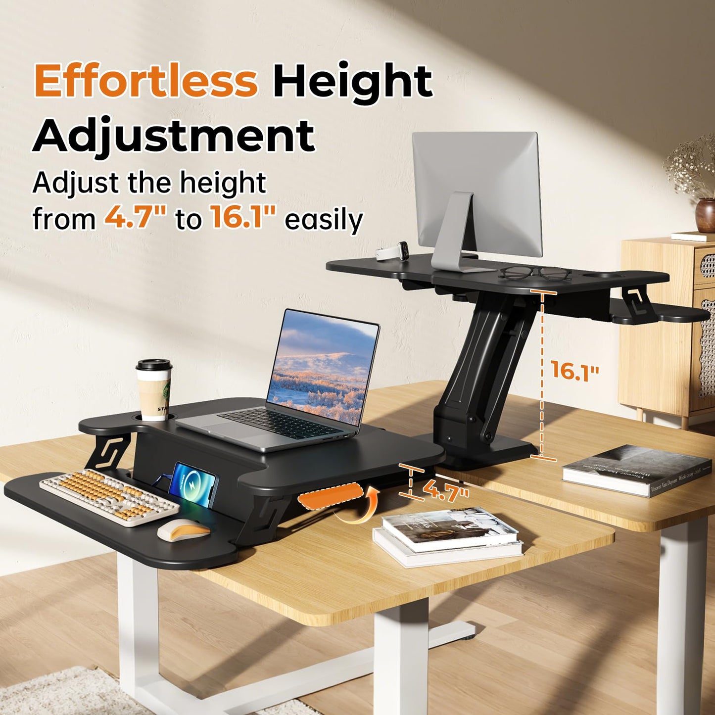 JYLH JOYSEEKER 28" Standing Desk Converter, Height Adjustable Clamp Desktop Riser with Keyboard Tray, Sit Stand Monitor Riser Workstation for Home Office, Magnets Inclued, Black