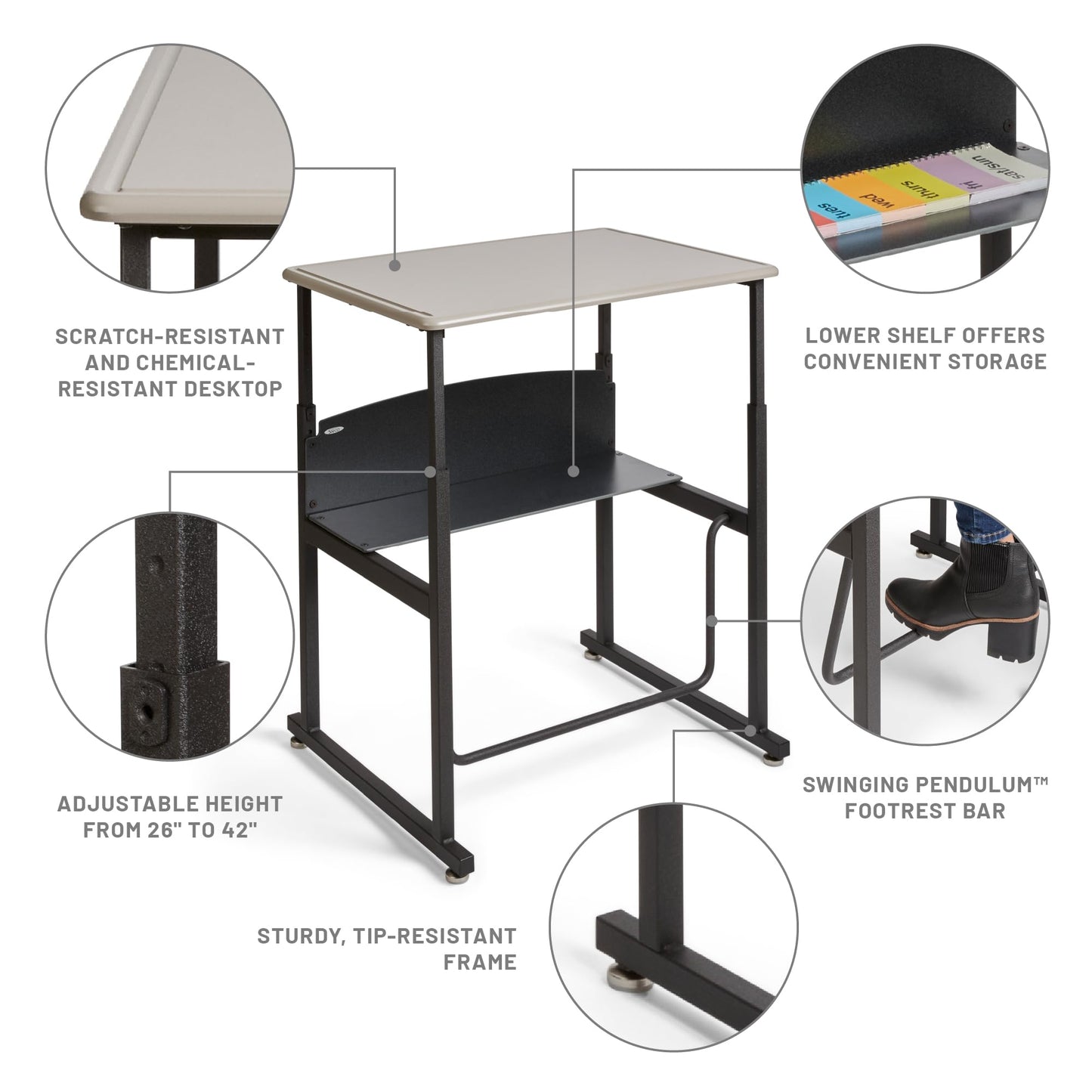 Safco AlphaBetter Student Standing Desk, Adjustable Height with Shelf and Swinging Pendulum Foot Rest, 28" W x 20" D, Gray