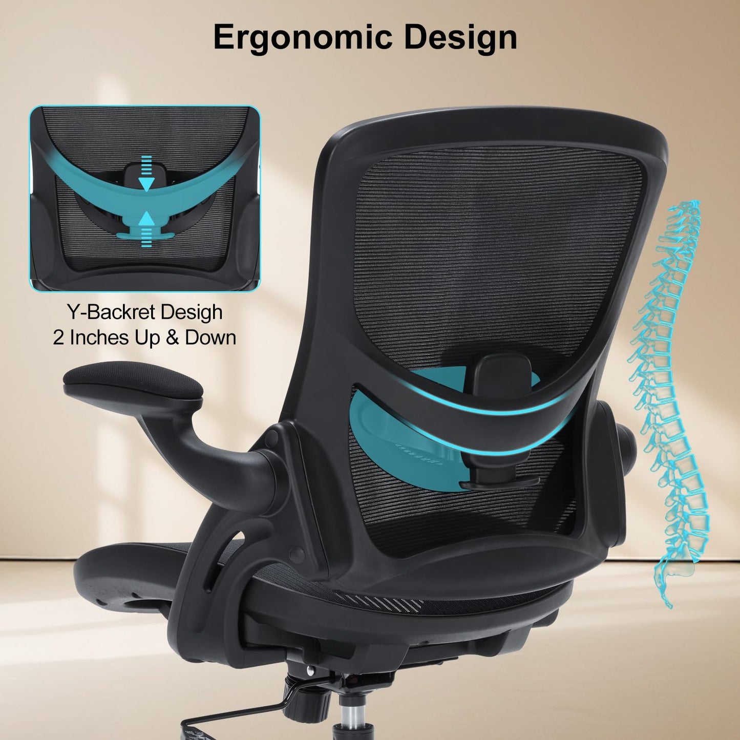 Ergonomic Office Chair with Flip-up Arms, Space Saving Mesh Desk Chair with Adjustable Lumbar Support & Headrest, Breathable Executive Computer Chair, Heavy Duty Swivel Task Chair 300LBS