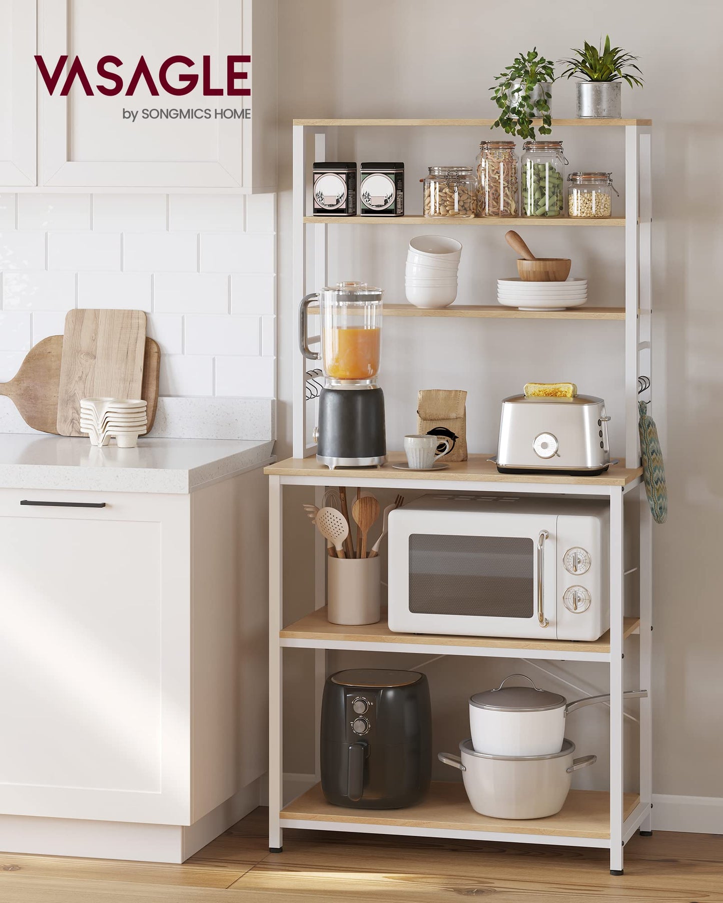 VASAGLE Coffee Bar, 31.5 Inches Baker's Rack for Kitchen with Storage, 6-Tier Kitchen Shelves with 6 Hooks, Microwave Stand, Modern, Golden Oak and Cloud White UKKS019W09