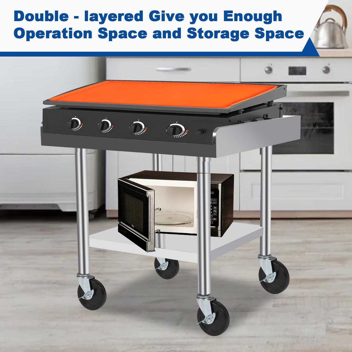 KUGEIGO Commercial-Grade Stainless Steel Workstation Table with Under Shelf & Lockable Casters (24"x24"x24")