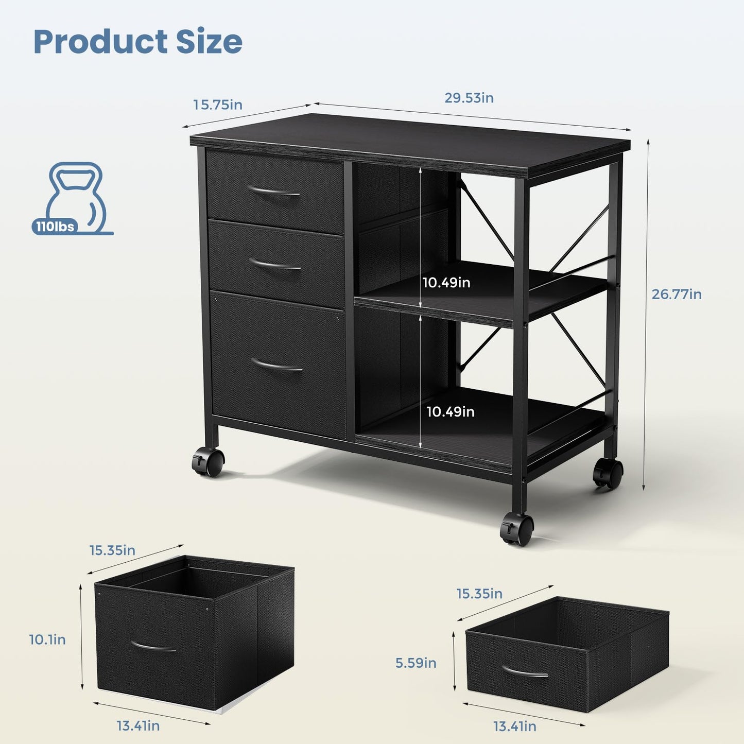 DUMOS 3 Drawer Mobile File Cabinet, Freestanding Fabric Lateral Filing Cabinet Fits A4/Letter Size, Space Saving Rolling Printer Stand with X-Frame and Open Storage Shelf for Home Office, Modern Black