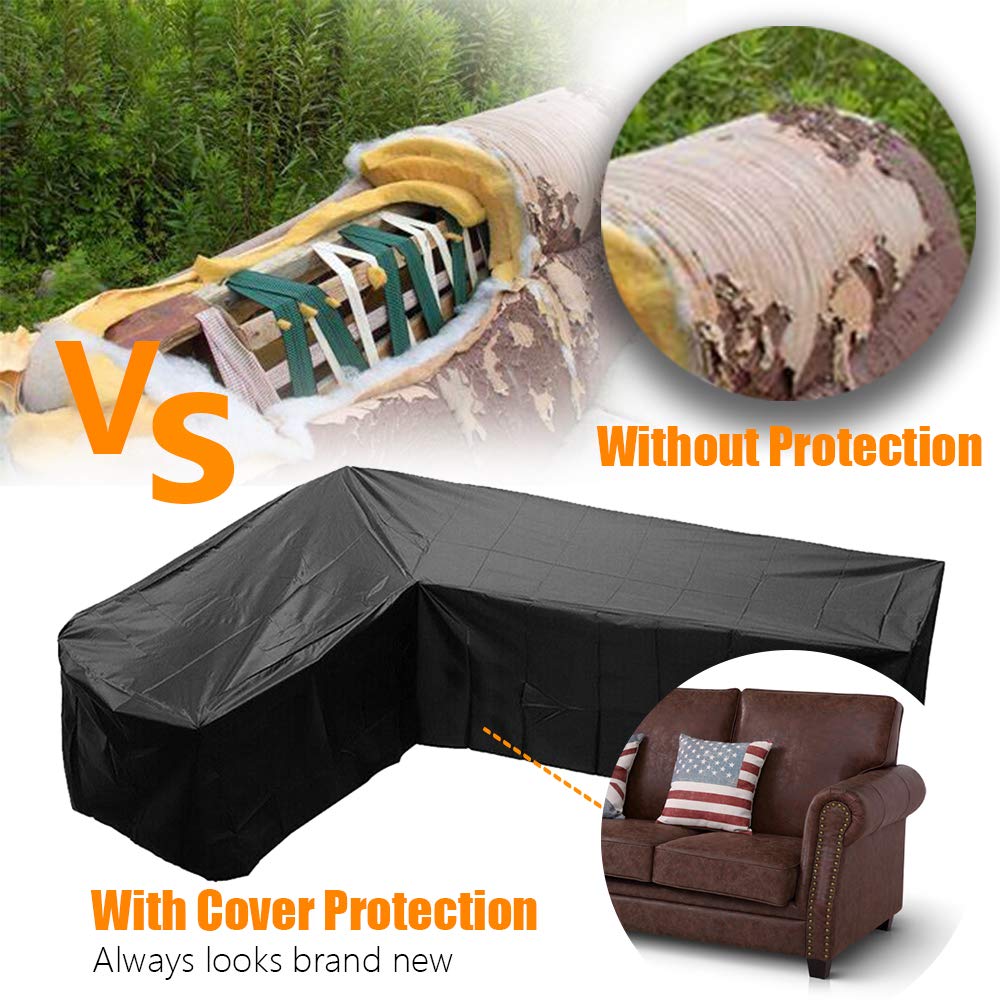 COOSOO Patio Sofa Cover Sectional Waterproof L Shape Corner Sofa Cover Outdoor Dust-Proof Anti-UV Furniture Couch Cover for Lawn Garden Yard Indoor with Windproof Buckle Extra Large Black