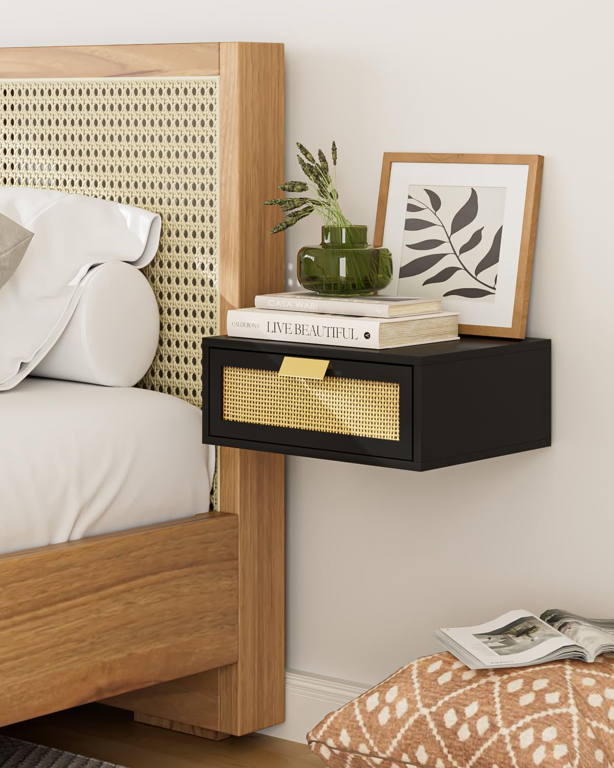 Aienvey Floating Nightstand, Floating Shelf with Drawer, Wall Mounted Nightstand, Floating Bedside Table (Black Rattan)