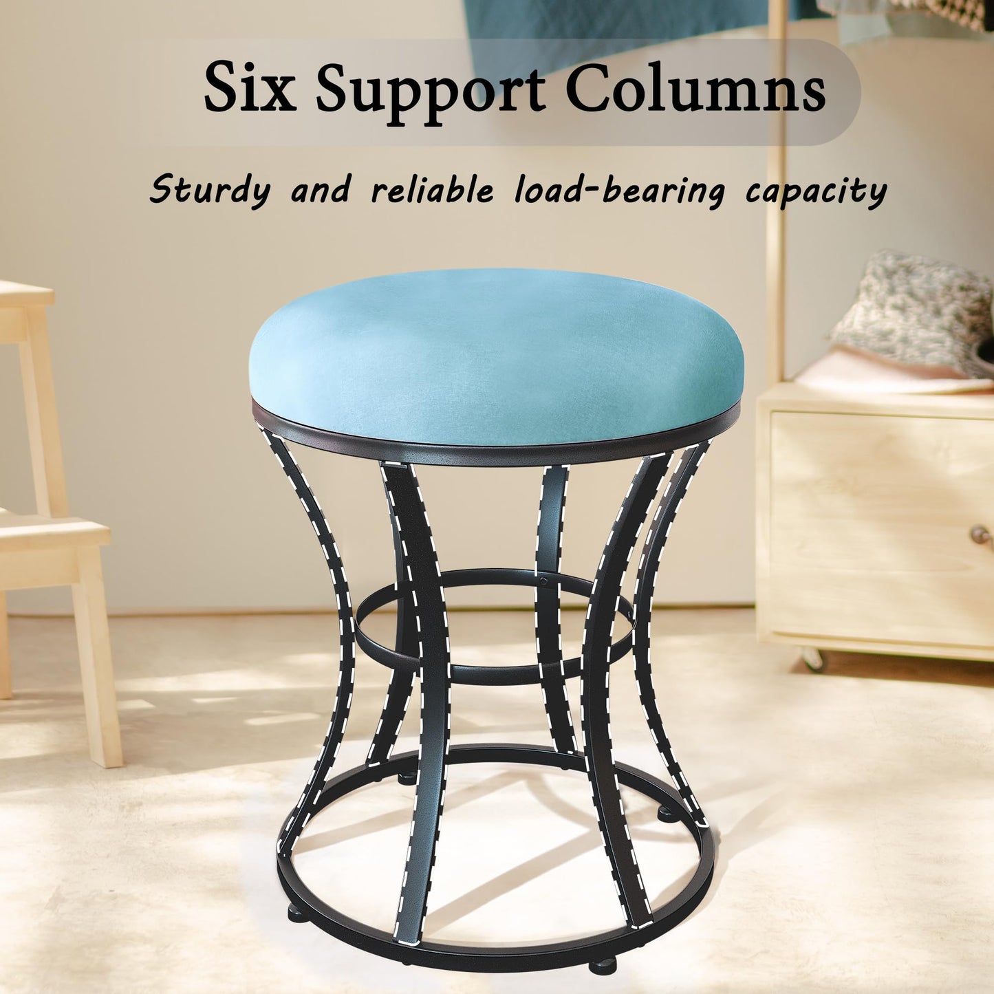 Ellensamqi Multifunctional Vanity Stool - Velvet Footrest Stool-Upholstered Chair Stool -Ottoman Round Modern Dressing Chair - with Blacken Metal Leg for Bedroom (Blue)