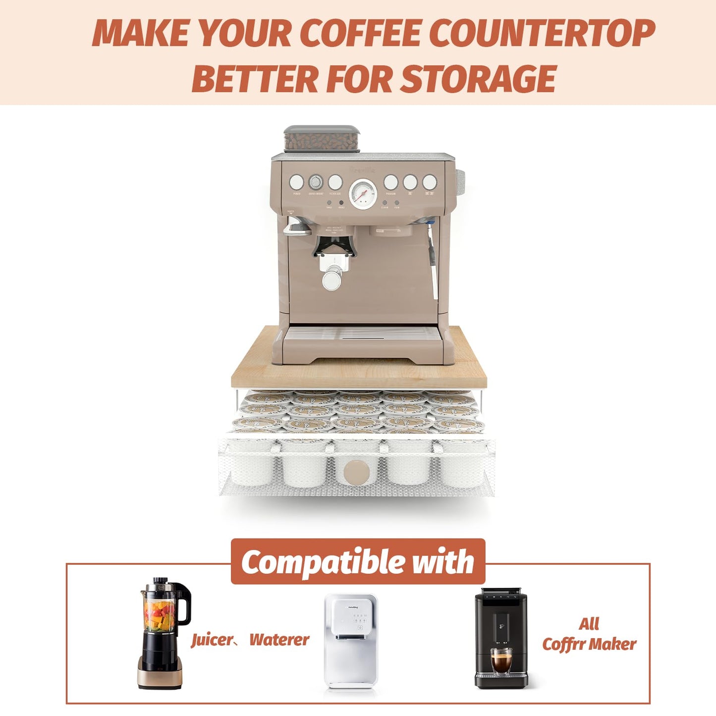 Sedegn Coffee Pod Holder Counter Coffee Vertuo Capsules Storage Organizer with Sliding Drawer Compatible For 35 K-Cup Pods No Assembly Needed Natural Colour