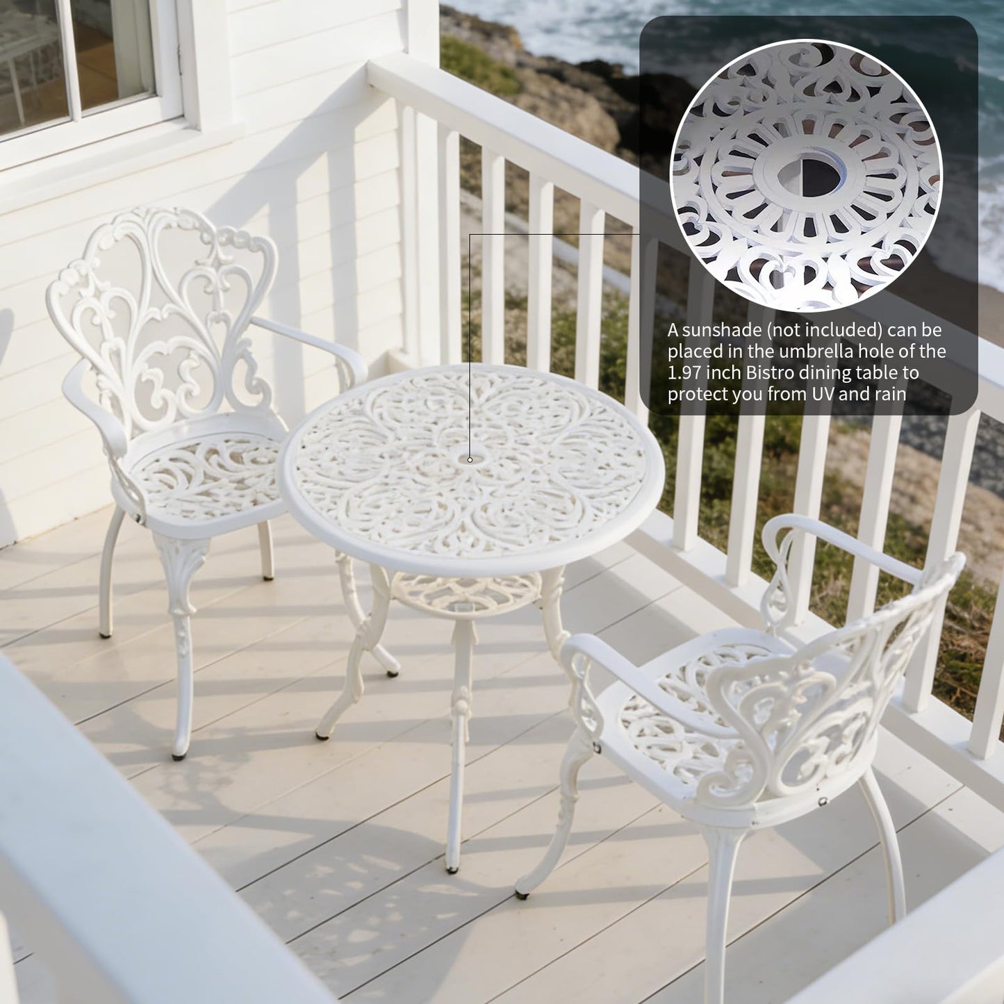 3 Piece Outdoor Dining Set, Aluminum alloy 35" Patio Table with 1.96" Umbrella Hole & 2 Chairs, All Weather Furniture for Garden, Backyard, Poolside (White 3Pieces (33" Square Table & 2 Chairs))