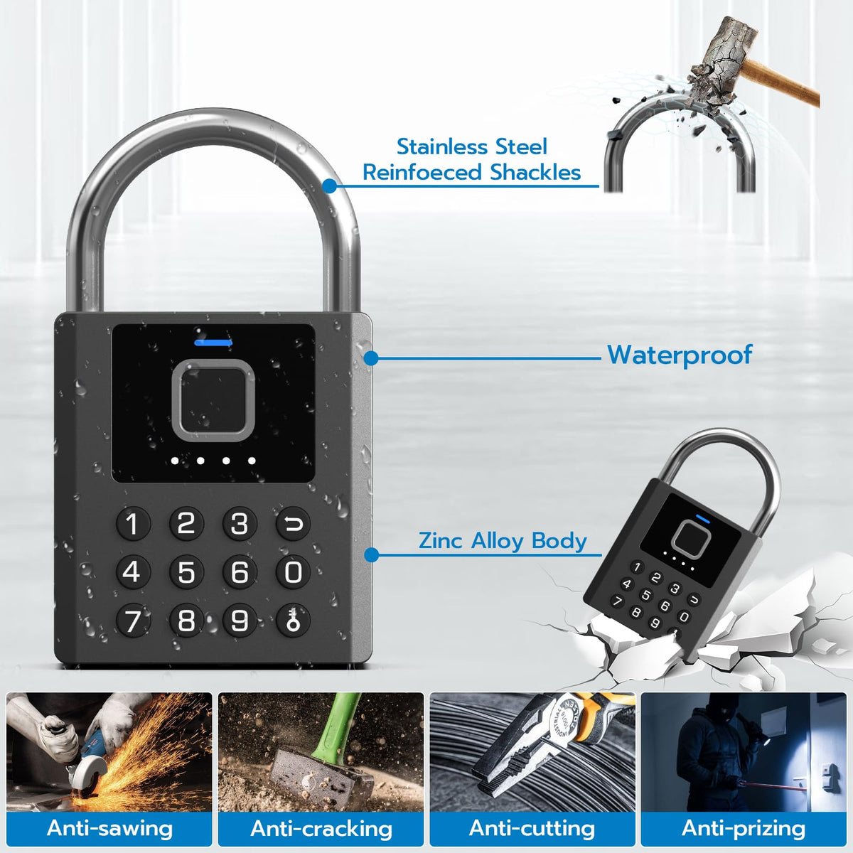 Foxlock Heavy Duty Smart Padlock with Key, Fingerprint Biometric Combo Lock with Bluetooth APP, Waterproof Electronic Digital Lock for Gate Outdoor Fence Storage Unit Outdoor Fence Shed Gym