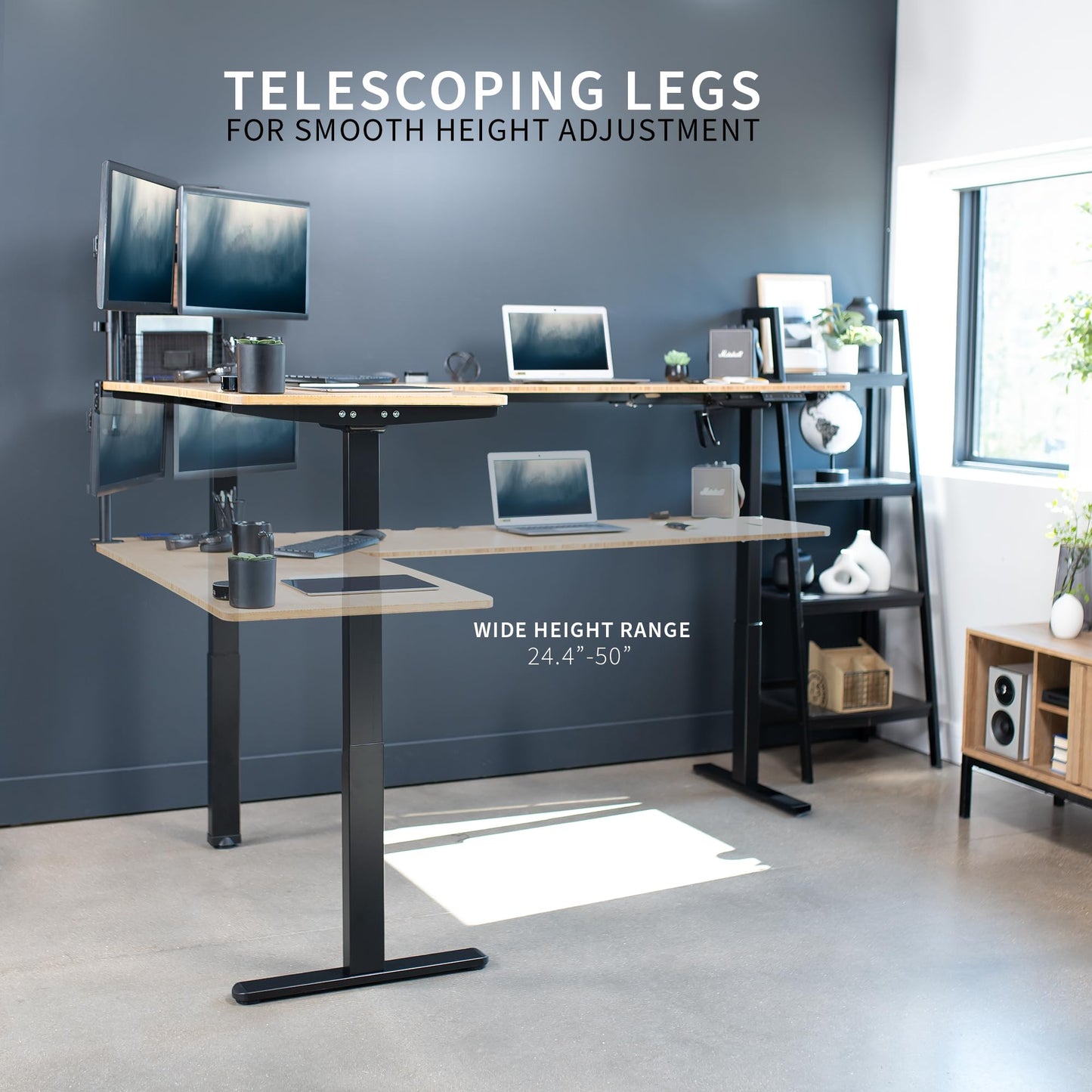 VIVO Electric Height Adjustable 83 x 60 inch Corner Stand Up Desk, 2 Solid Bamboo Table Tops, Black Frame, Memory Controller, L-Shaped Workstation, 3E Series, DESK-KIT-3E8BO