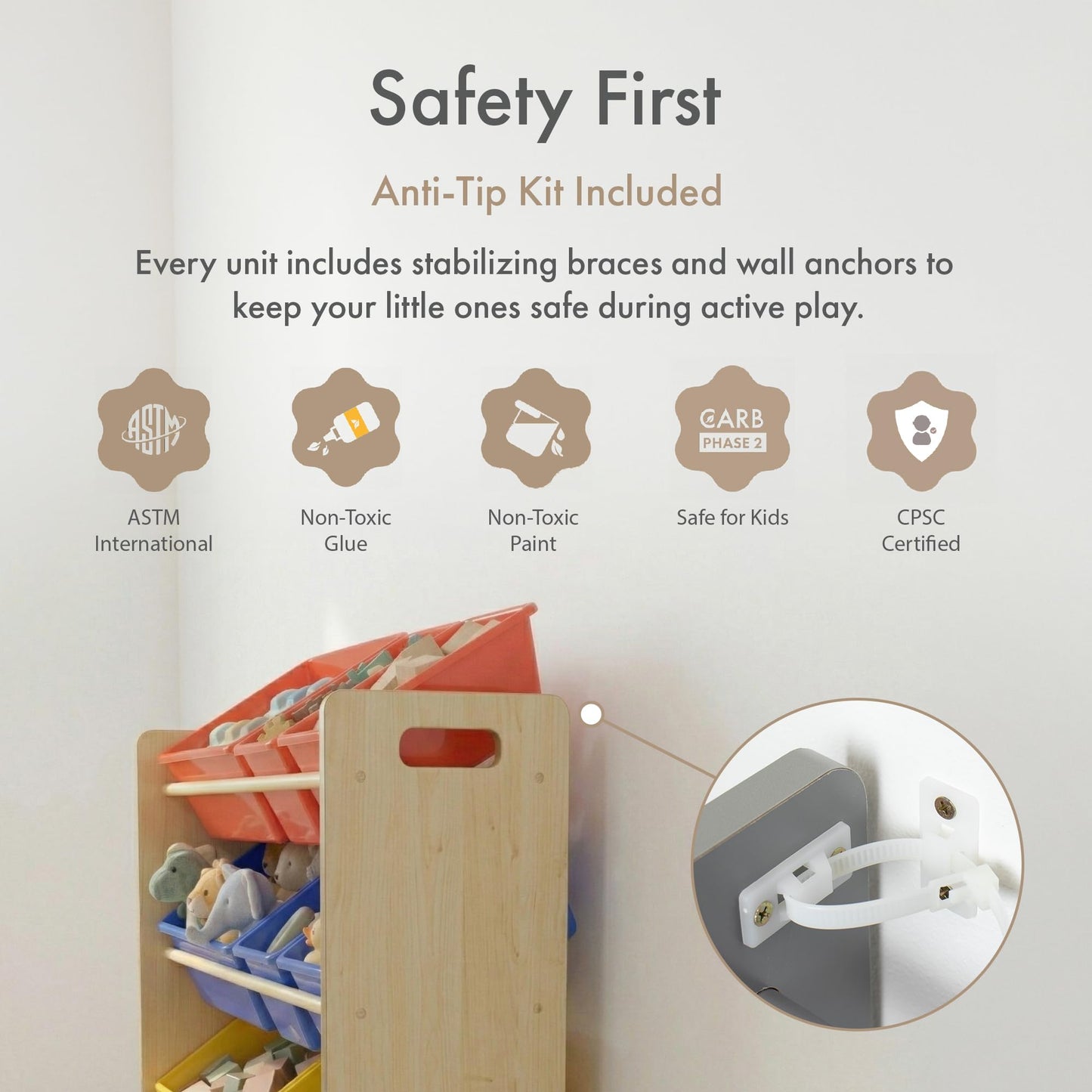 Humble Crew Kids' Toy Storage Organizer with 12 Plastic Bins, Natural/Primary, Model Number: WO560