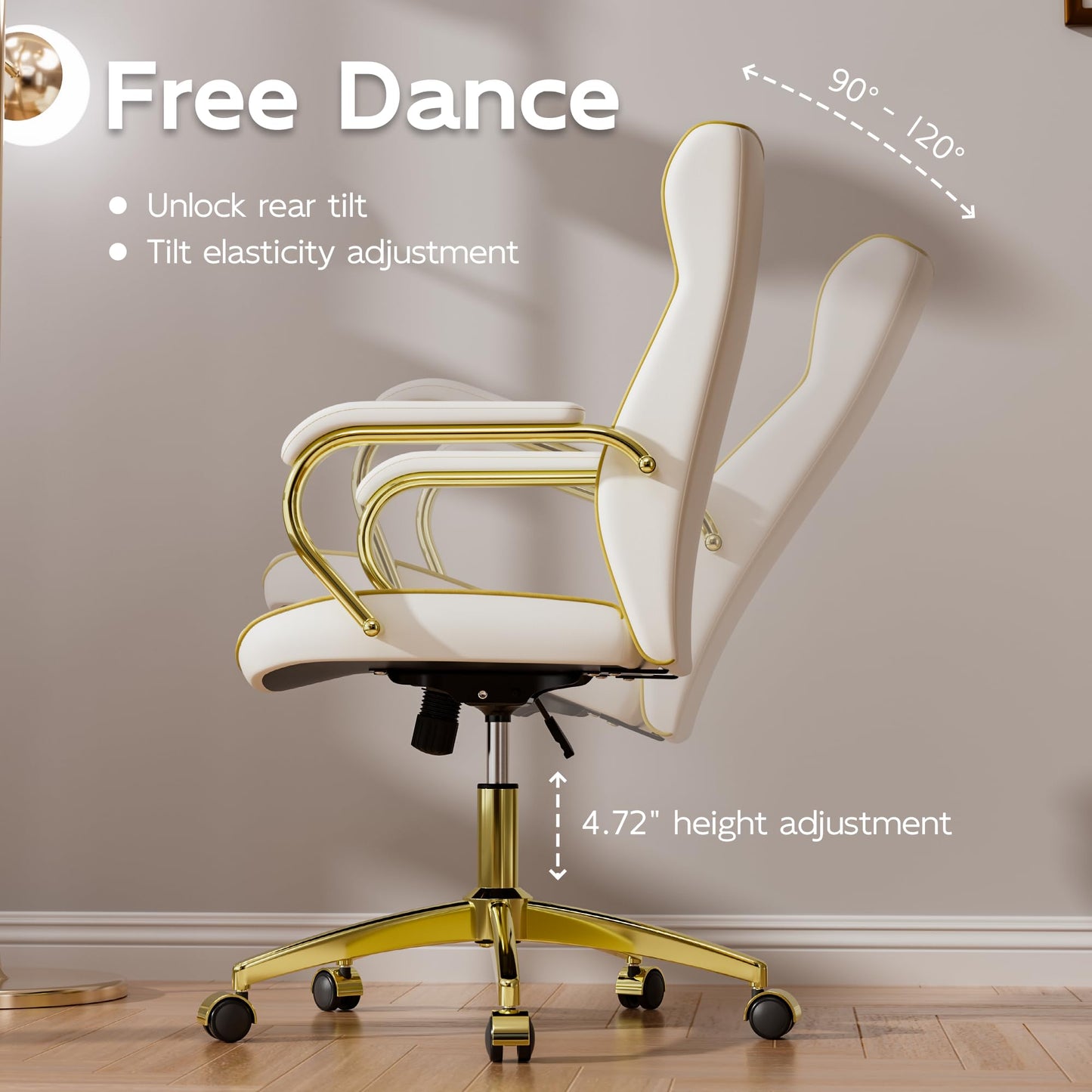 HomeZeer White and Gold Office Chair with Soft Leather Embroidery, Mid Back Vintage Swivel Executive Desk Chair with Wheels and Padded Arms, Adjustable Height