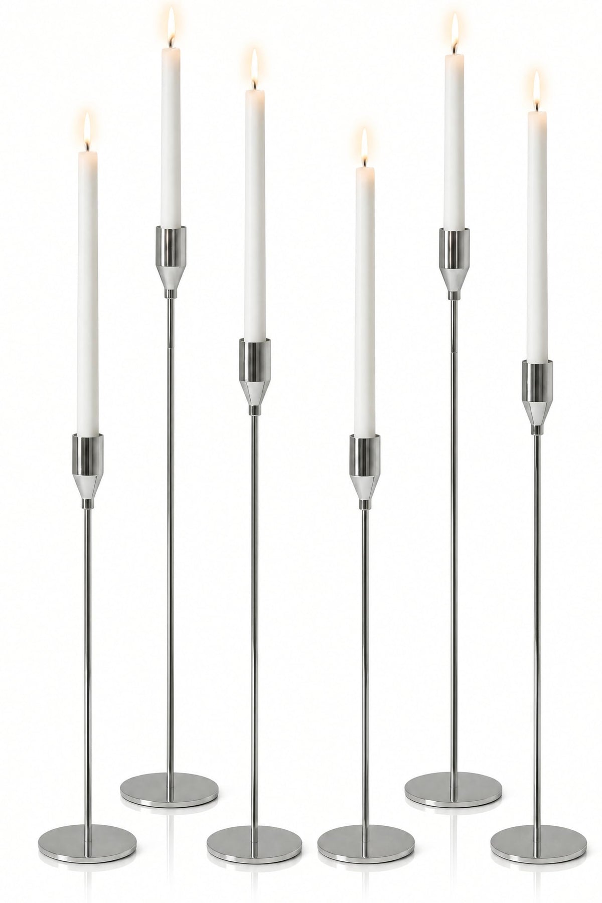 Pickood Upgraded Chrome Taper Candle Holders Set of 6, Luxury Silver Long Skinny Candlestick (Heights: 9/11/13 Inch), Heavy Iron Anti-Slip Base for Fireplace Mantle Table Centerpiece Dining Decor