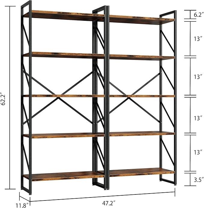 Shintenchi 5 Tiers Bookshelf, Classically Tall Bookcase Shelf, Industrial Book