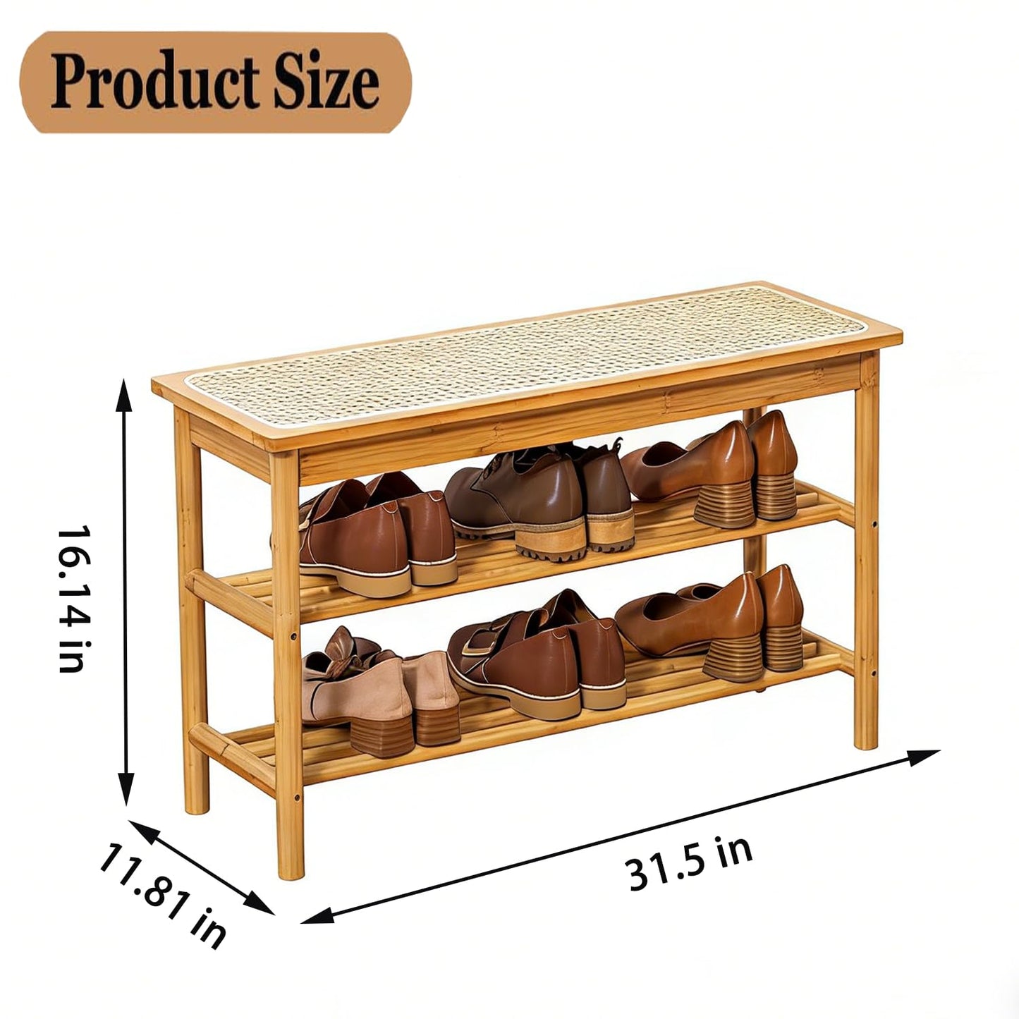 latifolia Shoe Rack Bench, 3-Tier Bamboo Shoe Bench with Breathable Rattan Seat Cushion, Shoe Storage Rack for Entryway(Nautre,31.50''L)