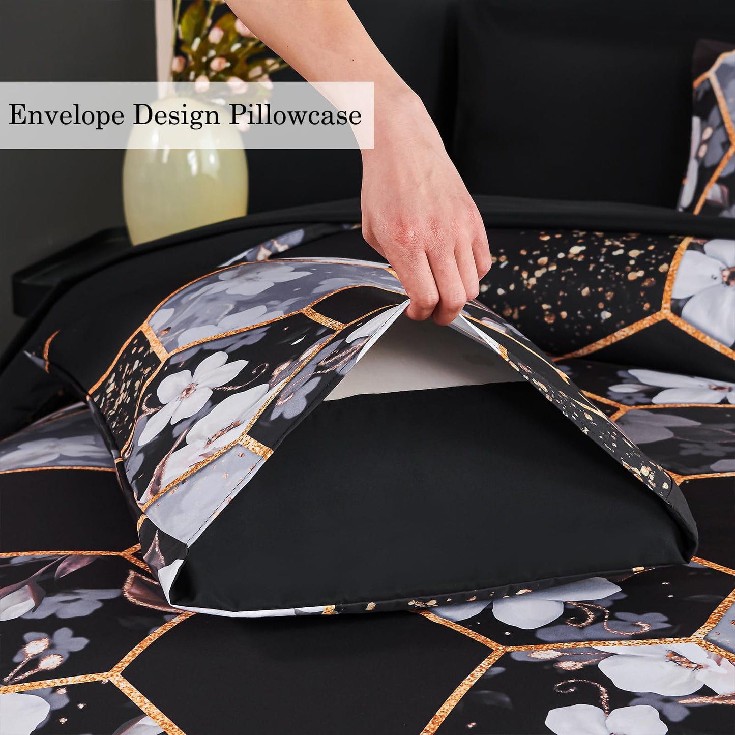 ZRNBAST 7 Pieces King Comforter Sets, Black Geometric Bed in A Bag with Sheets, Floral Print Bedding Sets, Soft Lightweight Microfiber Bed Set for All Season(Black Floral,King)