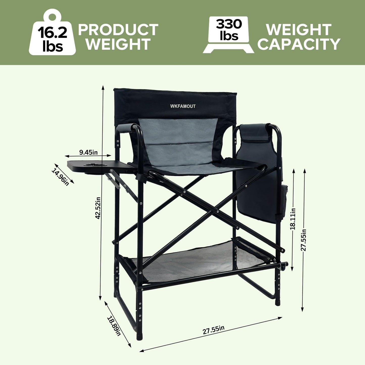 WKFAMOUT 27" Tall Camping Director Chair Oversized with Side Table, Heavy Duty Folding Lawn Chair Outdoor for Makeup Artist, Sports Event, Supports 330LBS