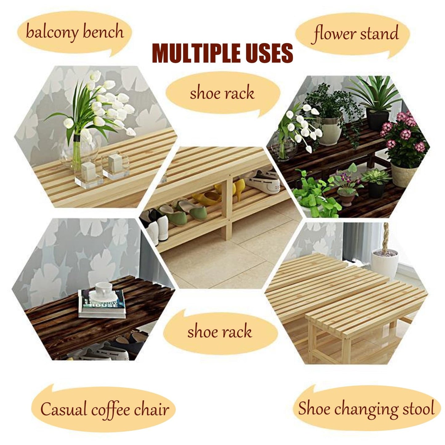 Wooden Patio Bench for 2, Backless Slatted Garden Seat, Indoor/Outdoor Furniture for Balcony, Porch, Lawn, Backyard, Perfect for Plants - 100x40x40cm,100x40x40cm