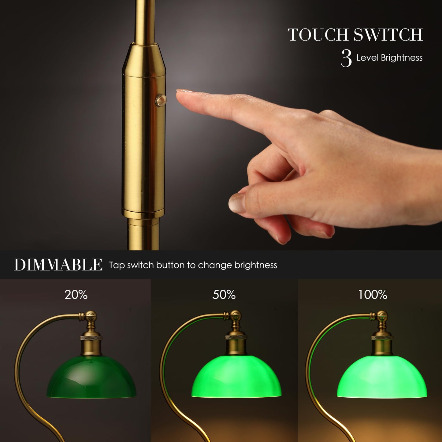 O’Bright Heritage - Banker’s Floor Lamp, 3-Level Touch Dimming, Adjustable Tilt Shade, Removable Lampshade Design, E26 Socket with 6W Dimmable LED Bulb, Green Glass Shade, Antique Brass
