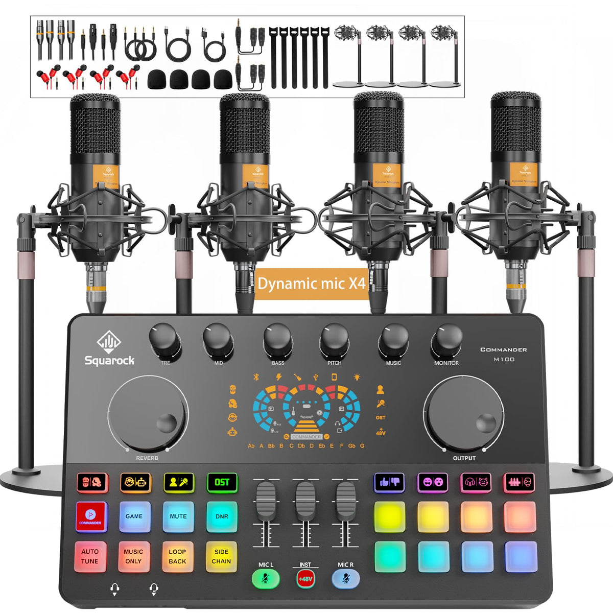 SquarockTek Podcast Equipment Bundle for 4, All-in-One Audio Mixer with Dynamic Micophones Noise Reduction for Live Streaming/Recording/Singing，PC,Smartphone，TikTok M100 3rd