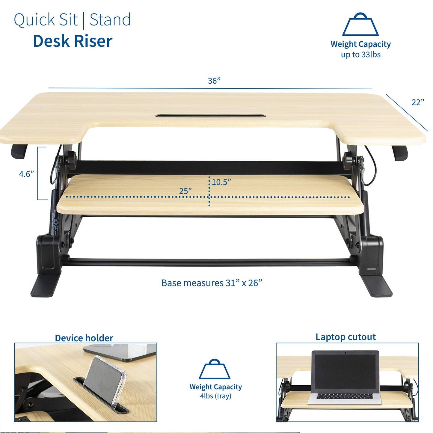 VIVO 36 inch Height Adjustable Stand Up Desk Converter, V Series, Quick Sit to Stand Tabletop Dual Monitor Riser Workstation, Light Wood Top, Black Frame, DESK-V000VO