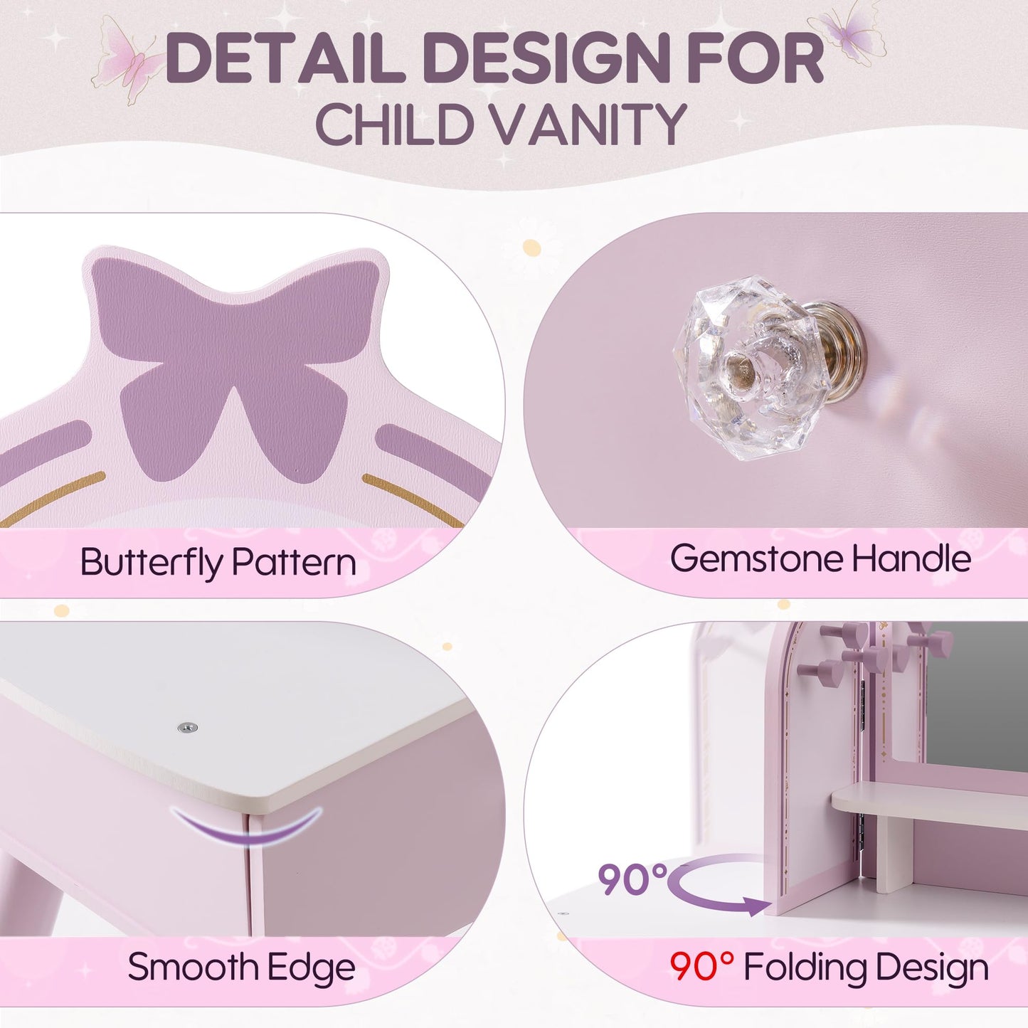 ROBOTIME Purple Kids Vanity Set, Makeup Vanity Desk with Mirror, Chair and Storage Drawers, Little Girl Dressing Table with Stool for Toddlers Ages 3+