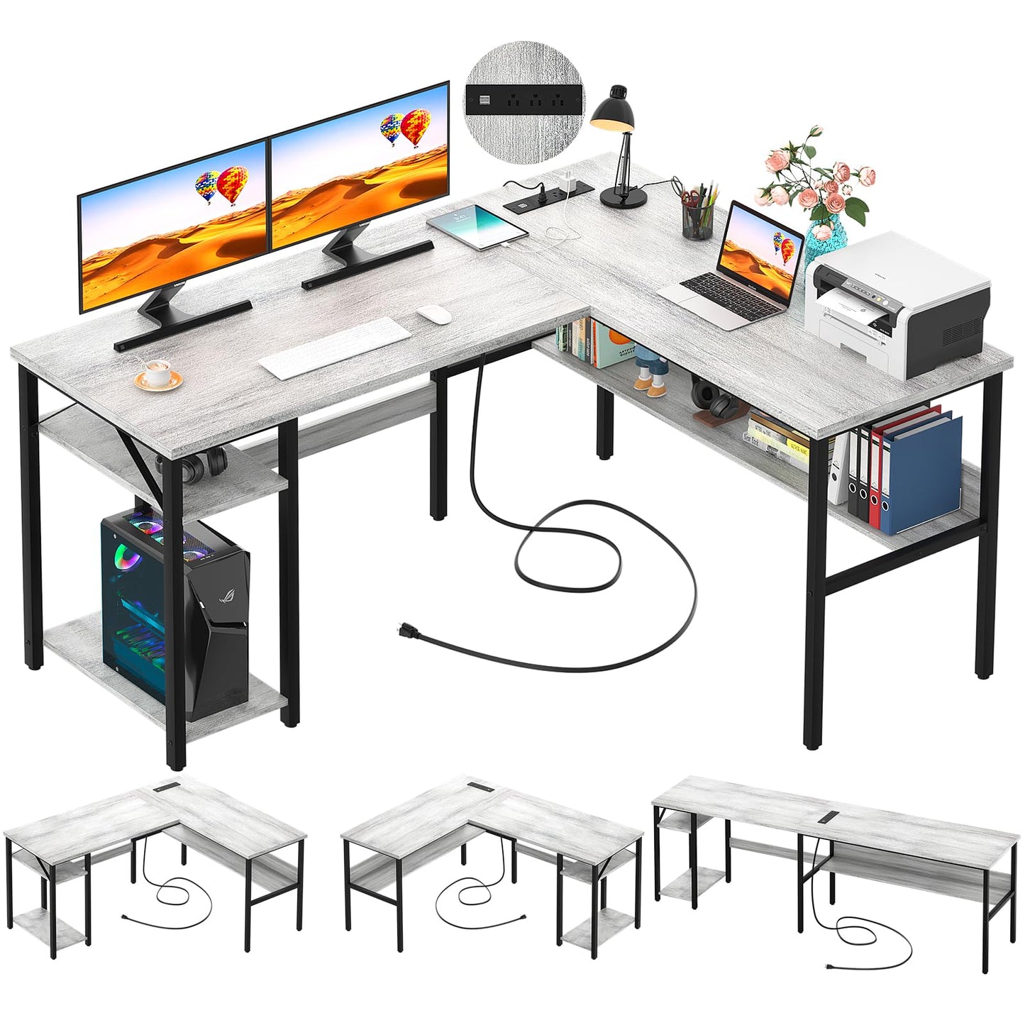 Unikito L Shaped Computer Desk with Magic Power Outlets and USB Charging Ports, Sturdy Reversible Corner Desk with Storage Shelves, Modern Work Desk for Home Office, Easy to Assemble, White Oak