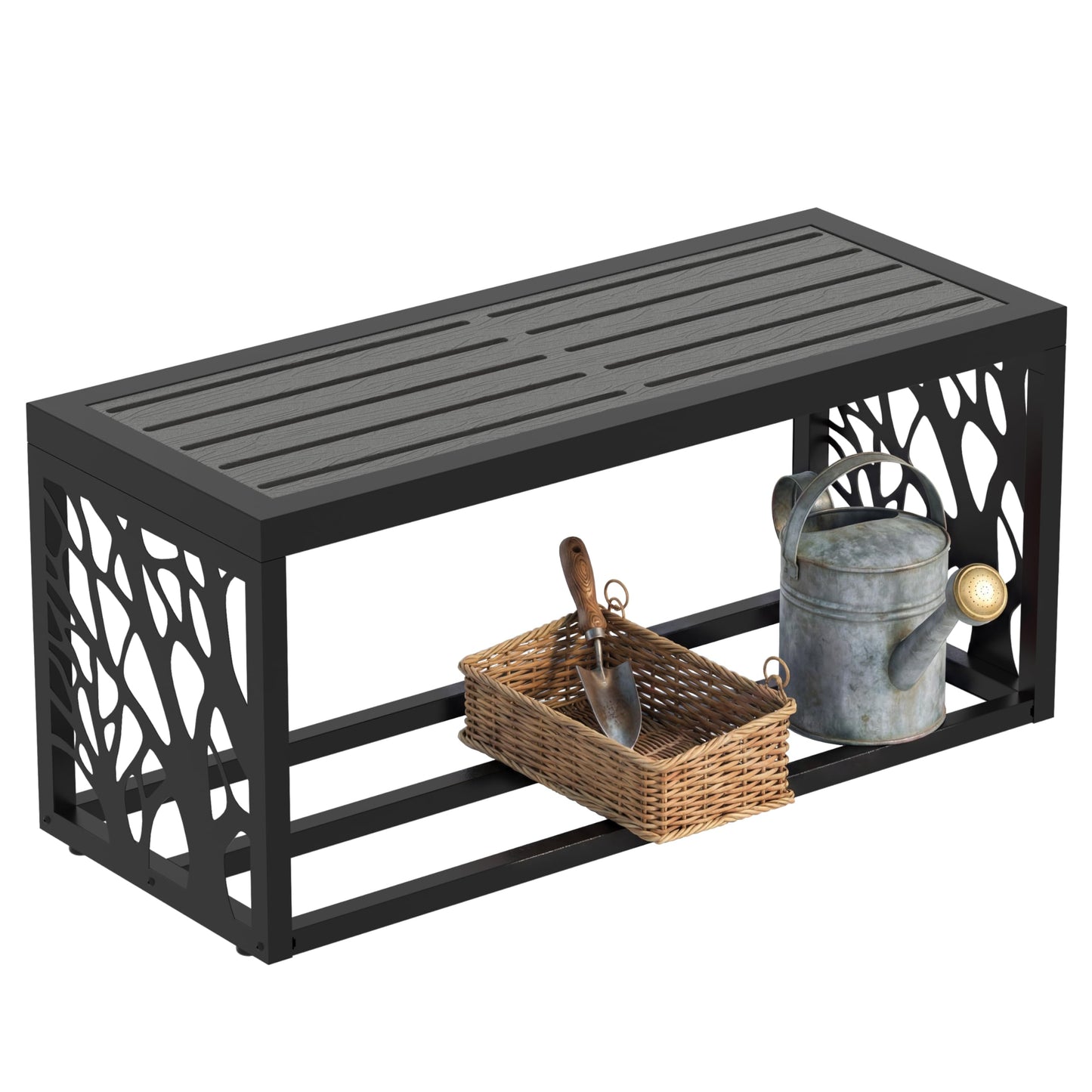Orbotots 37" Outdoor Garden Bench with Storage Shelf, Modern Black Entryway Bench, Wood-Grain HDPE Seat, Galvanized Steel Frame with Powder Coating for Porch, Yard, Patio, Tree