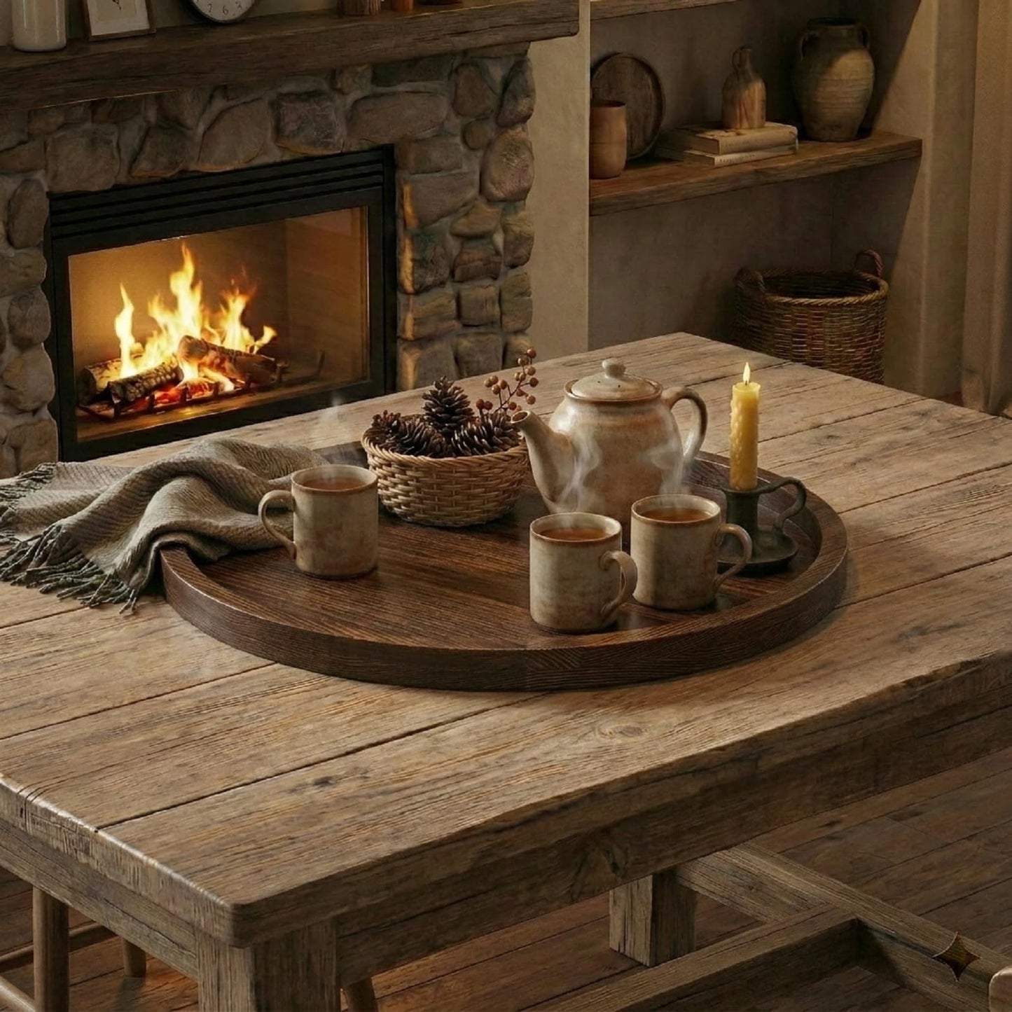Round Ottoman Tray Large Wood Serving Tray for Table Living Room Bedroom, 20 Inches Rustic Brown