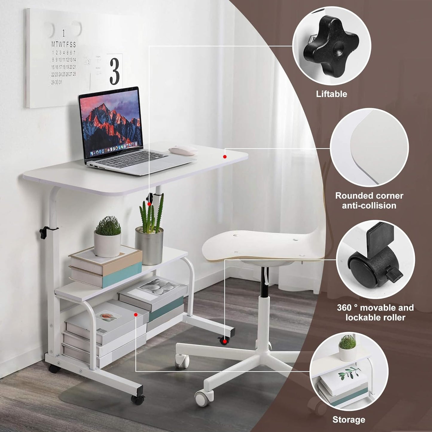 Dekhaoxe Adjustable Height Mobile Computer Desk for Small Space Rolling Writing with Wheels Corner Home Office Study Portable Bedrooms Work Desk Standing Table Sizes 31.5X15.7 Inches White